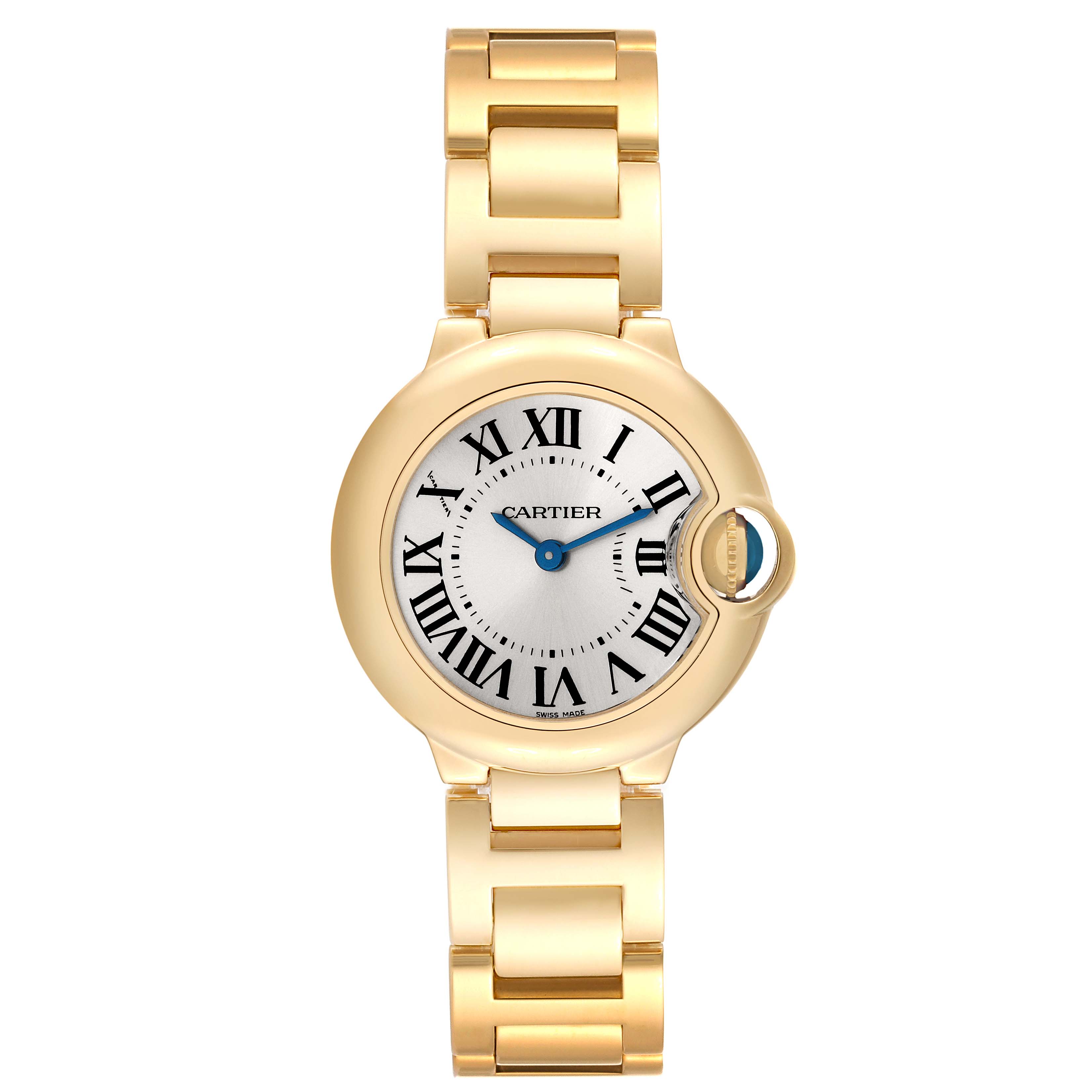 The image shows a front view of the Cartier Ballon Bleu W69001Z2 Women's Yellow Gold Silver Dial W69001Z2 Women's Yellow Gold Silver Dial watch, highlighting its gold bracelet and roman numeral dial.
