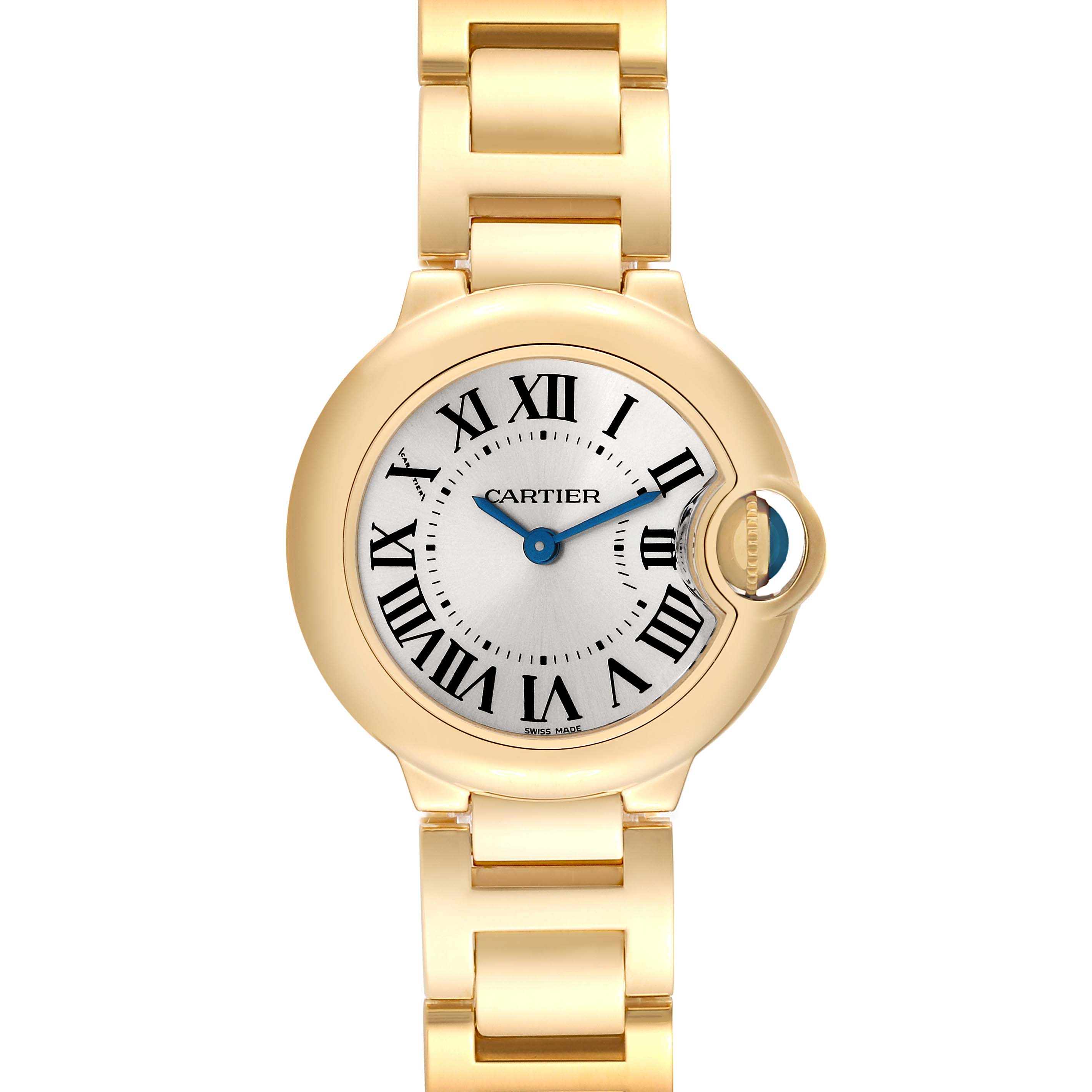 This image shows a top-down view of a Cartier Ballon Bleu W69001Z2 Women's Yellow Gold Silver Dial W69001Z2 Women's Yellow Gold Silver Dial model watch, featuring a gold bracelet and Roman numeral dial.