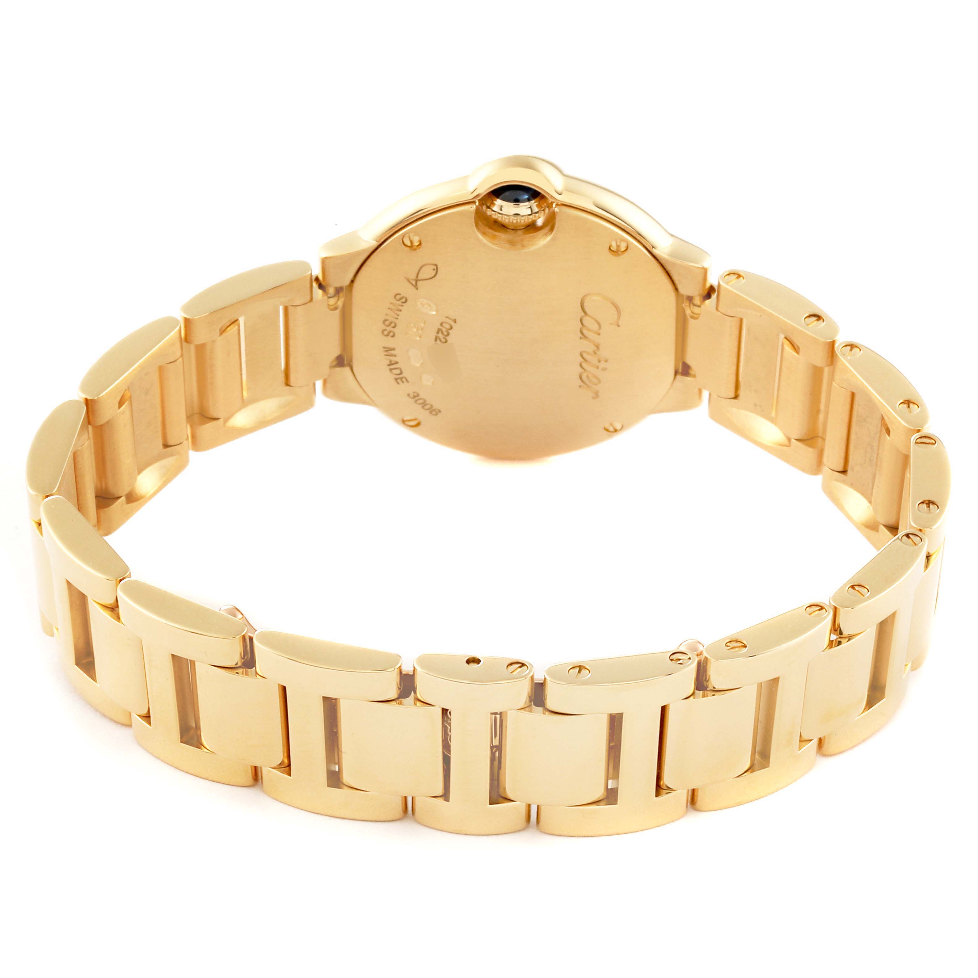The image shows the back view of a Cartier Ballon Bleu W69001Z2 Women's Yellow Gold Silver Dial W69001Z2 Women's Yellow Gold Silver Dial watch focusing on the bracelet and case back.