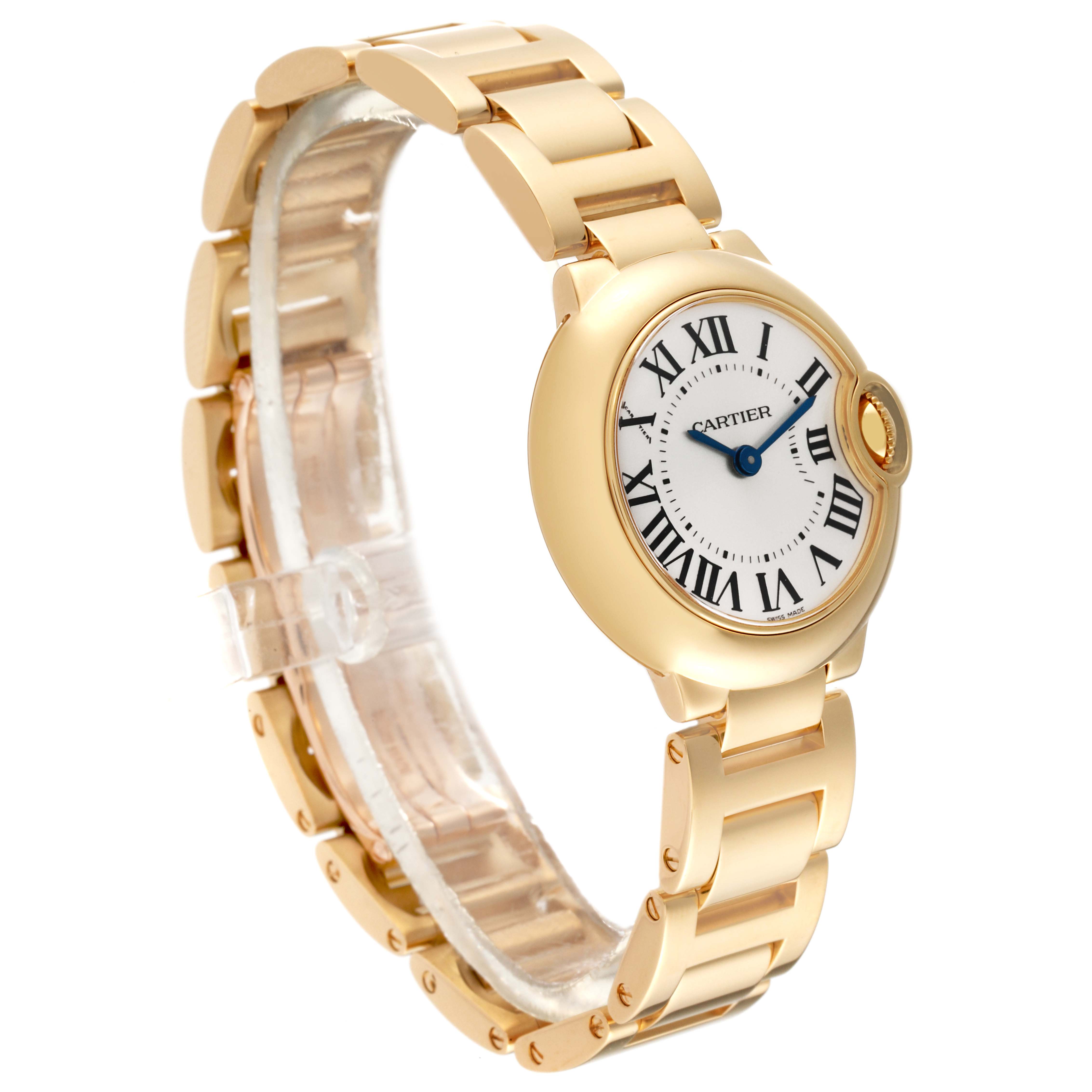 The image shows a side angle of a Cartier Ballon Bleu W69001Z2 Women's Yellow Gold Silver Dial W69001Z2 Women's Yellow Gold Silver Dial watch, highlighting the bracelet and the watch face with Roman numerals.