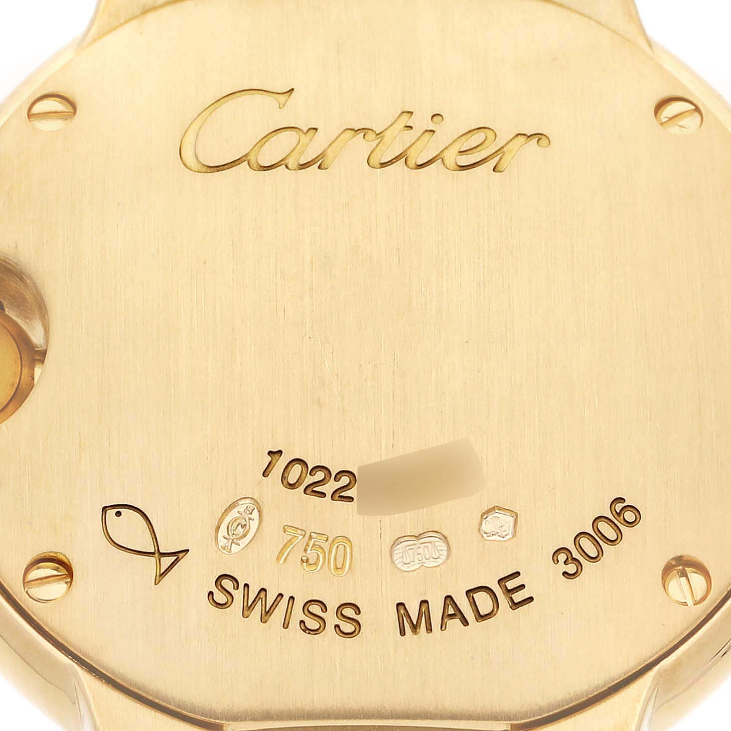 This image shows the back case of the Cartier Ballon Bleu W69001Z2 Women's Yellow Gold Silver Dial W69001Z2 Women's Yellow Gold Silver Dial watch, highlighting the brand engraving and hallmark symbols.