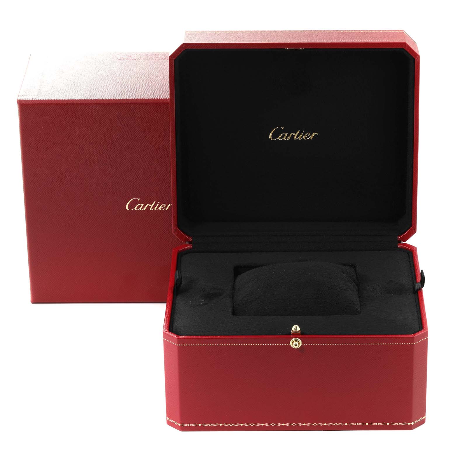This image shows an open red Cartier box for the Ballon Bleu model, displaying its interior with a cushion for the watch.
