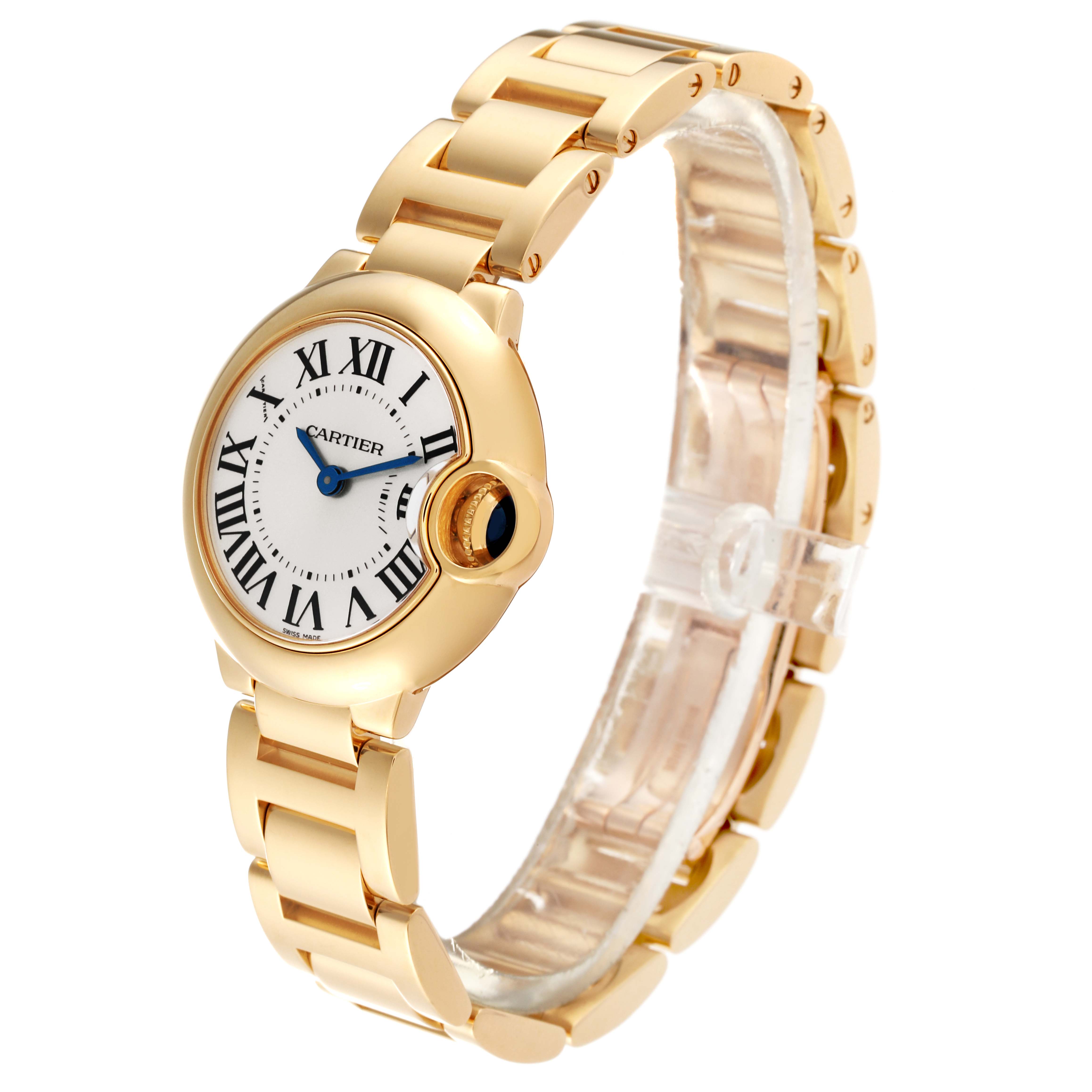 This image shows a side and front-angle view of a Ballon Bleu watch by Cartier, highlighting its gold bracelet and blue sapphire crown.