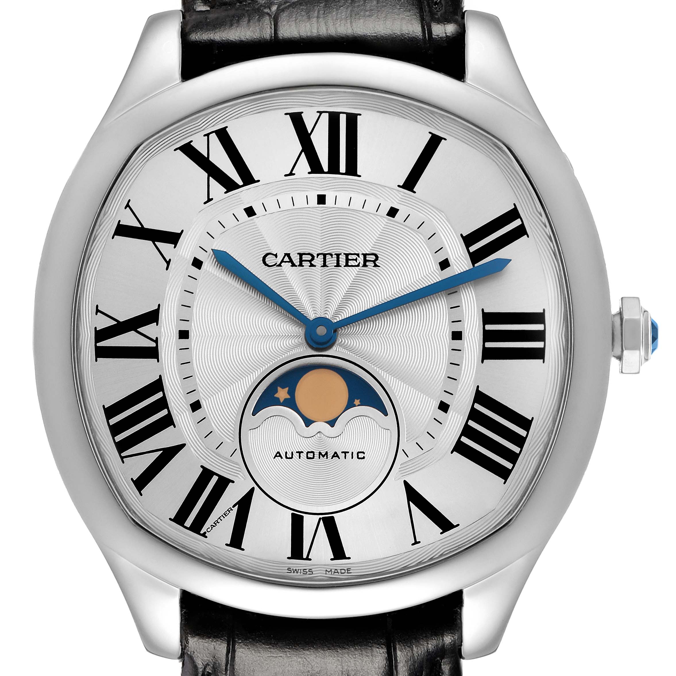 The Drive de Cartier watch by Cartier is shown from the front, highlighting the dial with Roman numerals, blue hands, and a moonphase complication.