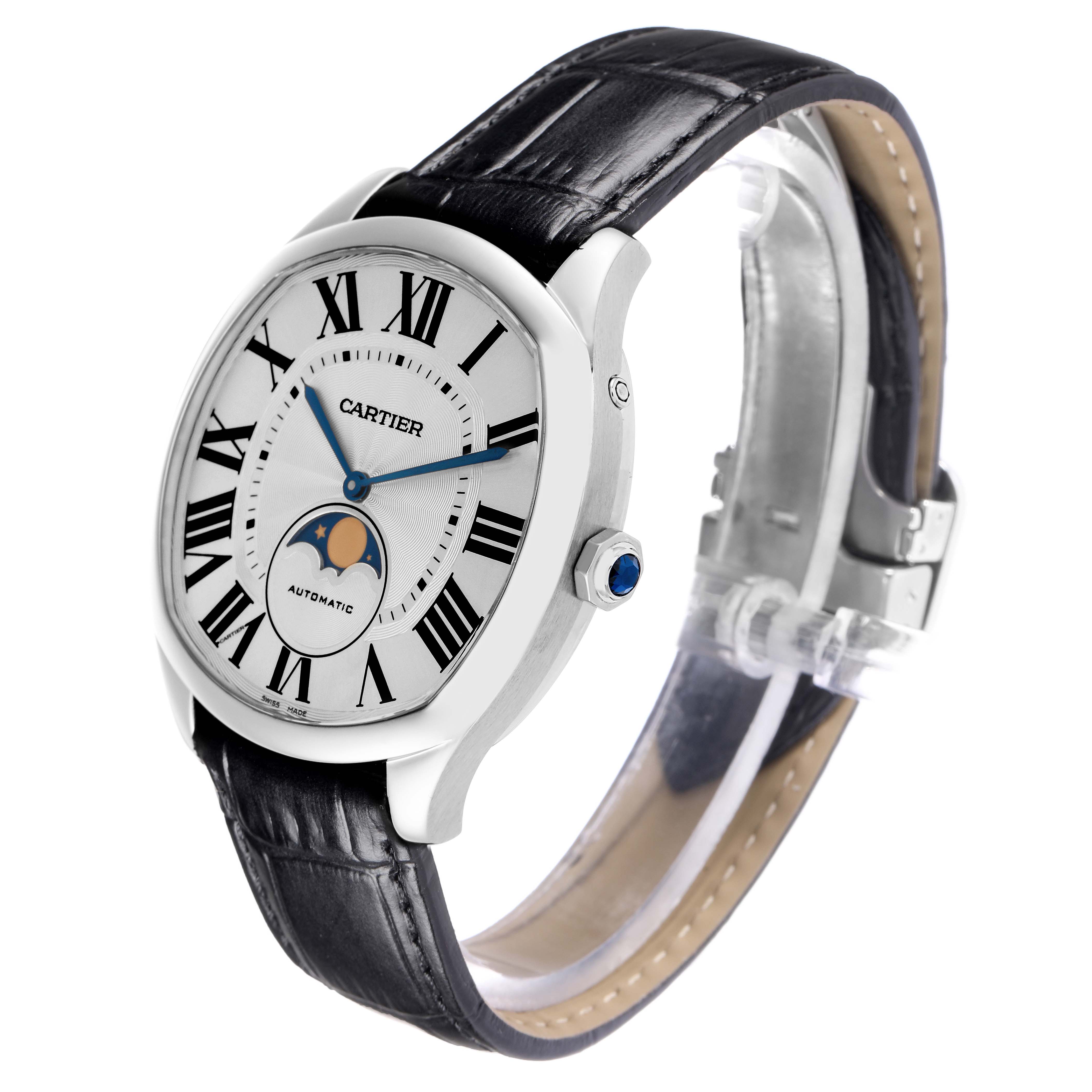 The Drive de Cartier watch is shown at a three-quarter angle highlighting the face, crown, and leather strap.