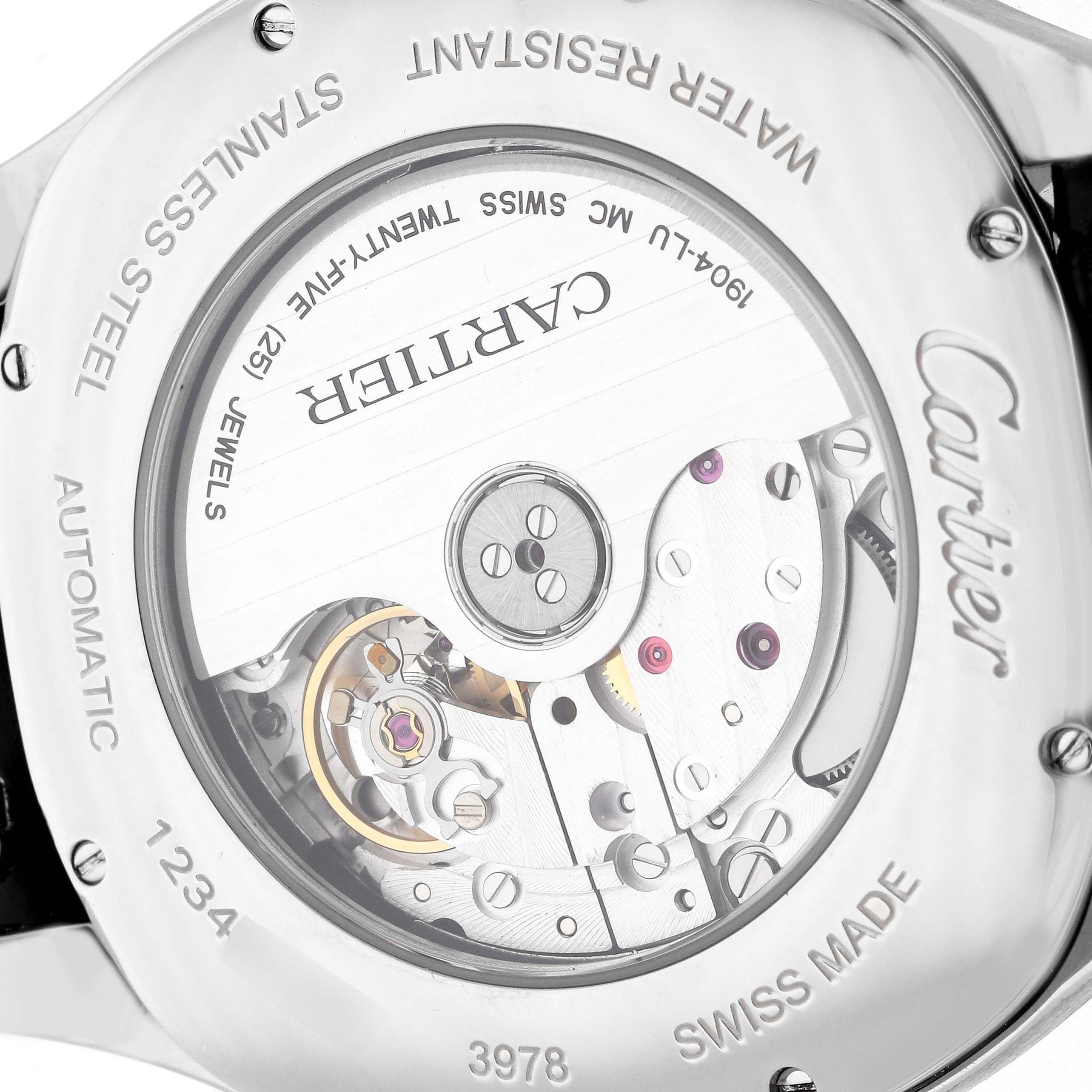 The image shows the back case of a Drive de Cartier watch, revealing the automatic movement and internal mechanisms.