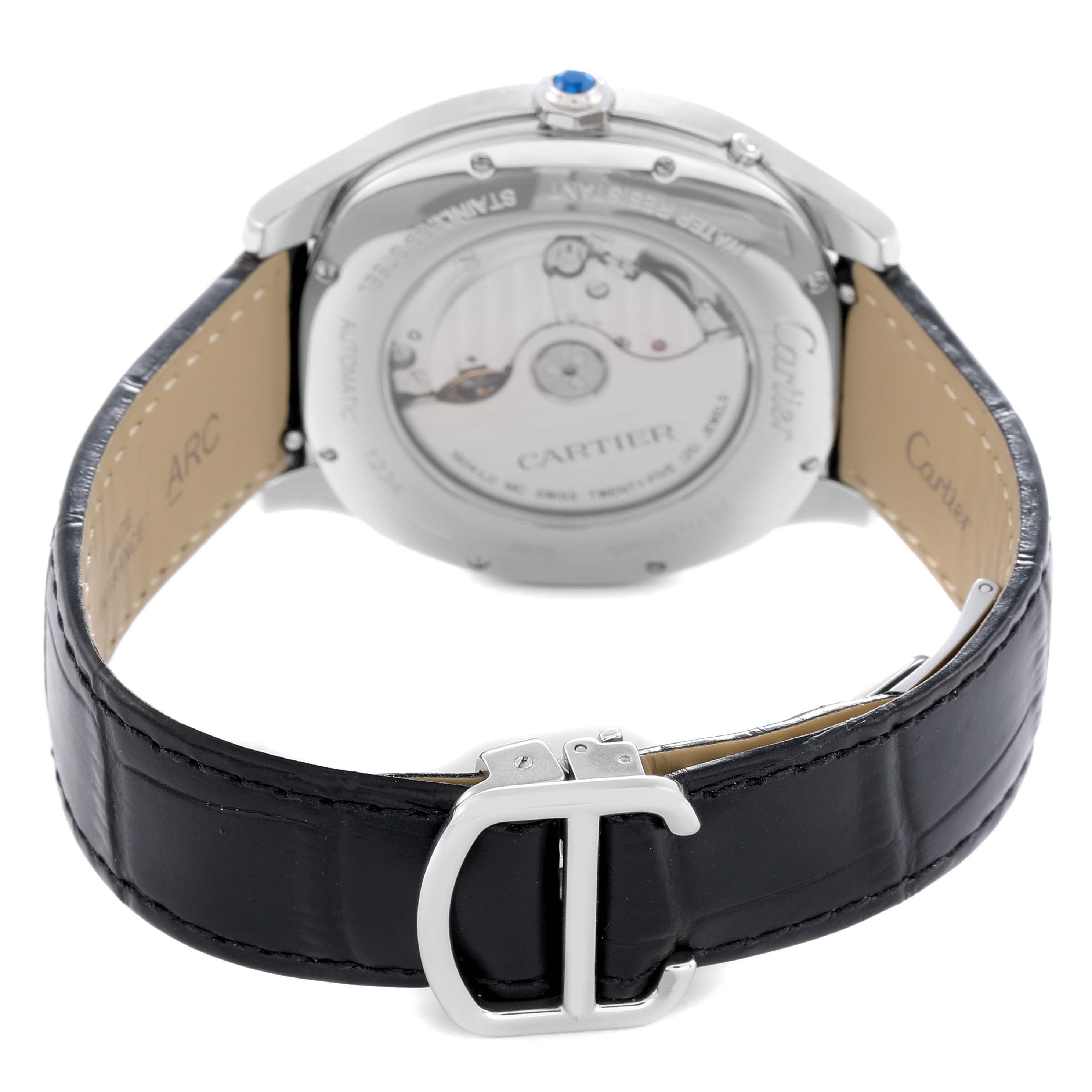 The image shows the back of the Drive de Cartier watch with its transparent case back and leather strap displayed.