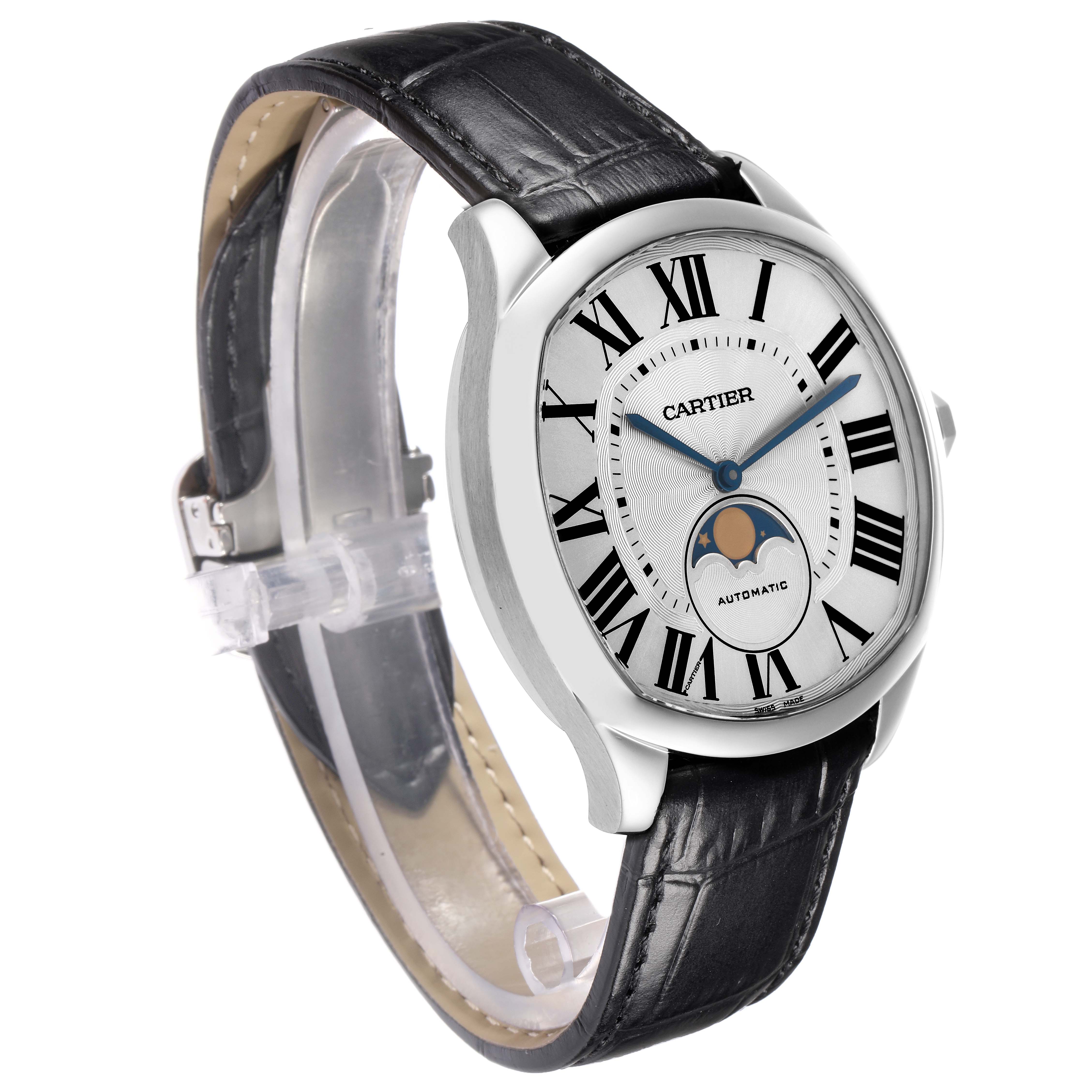 The Drive de Cartier watch is shown at a three-quarter angle, displaying the face, Roman numerals, moon phase, and leather strap.