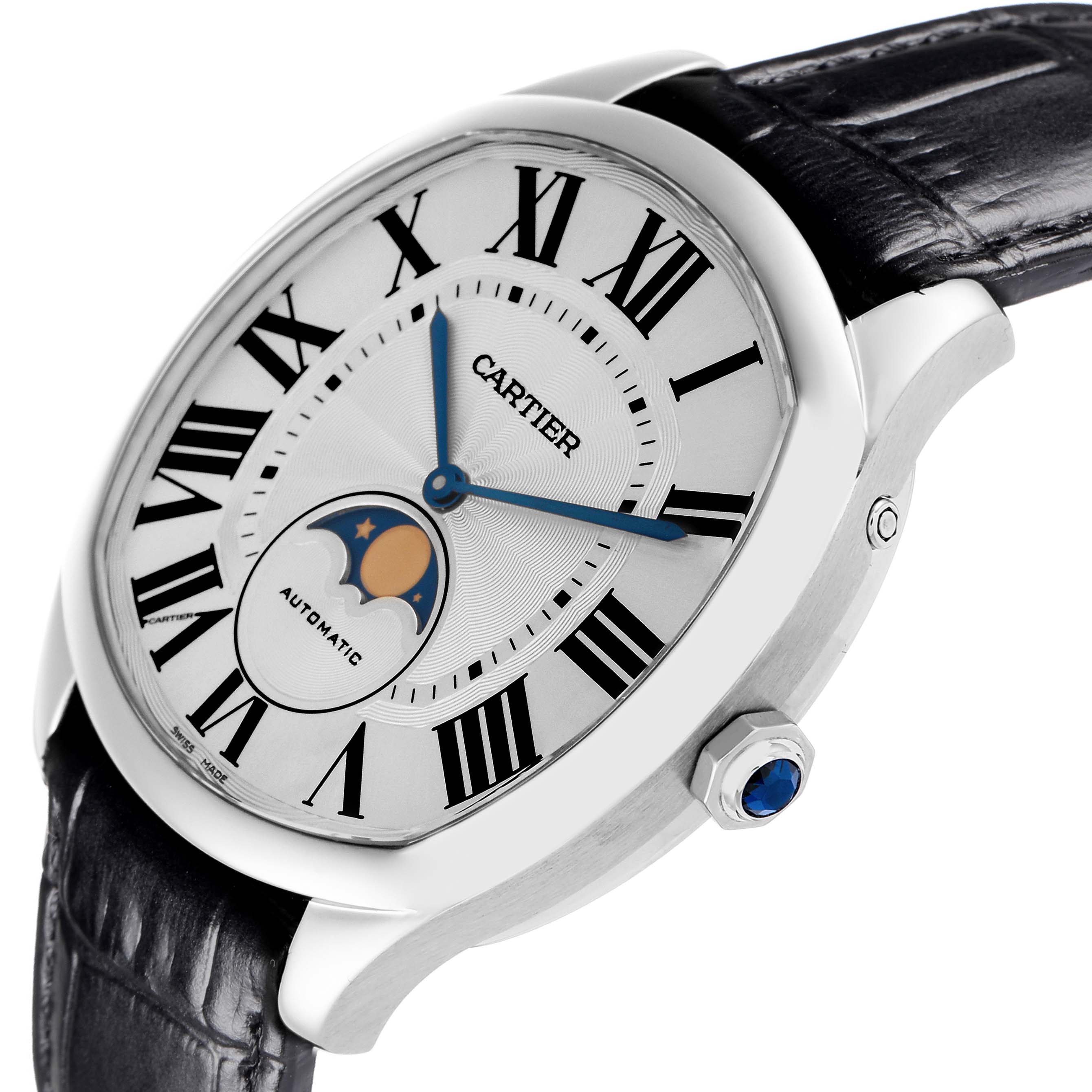 The Drive de Cartier watch is shown from a three-quarter angle, highlighting the dial, Roman numerals, and blue hands.