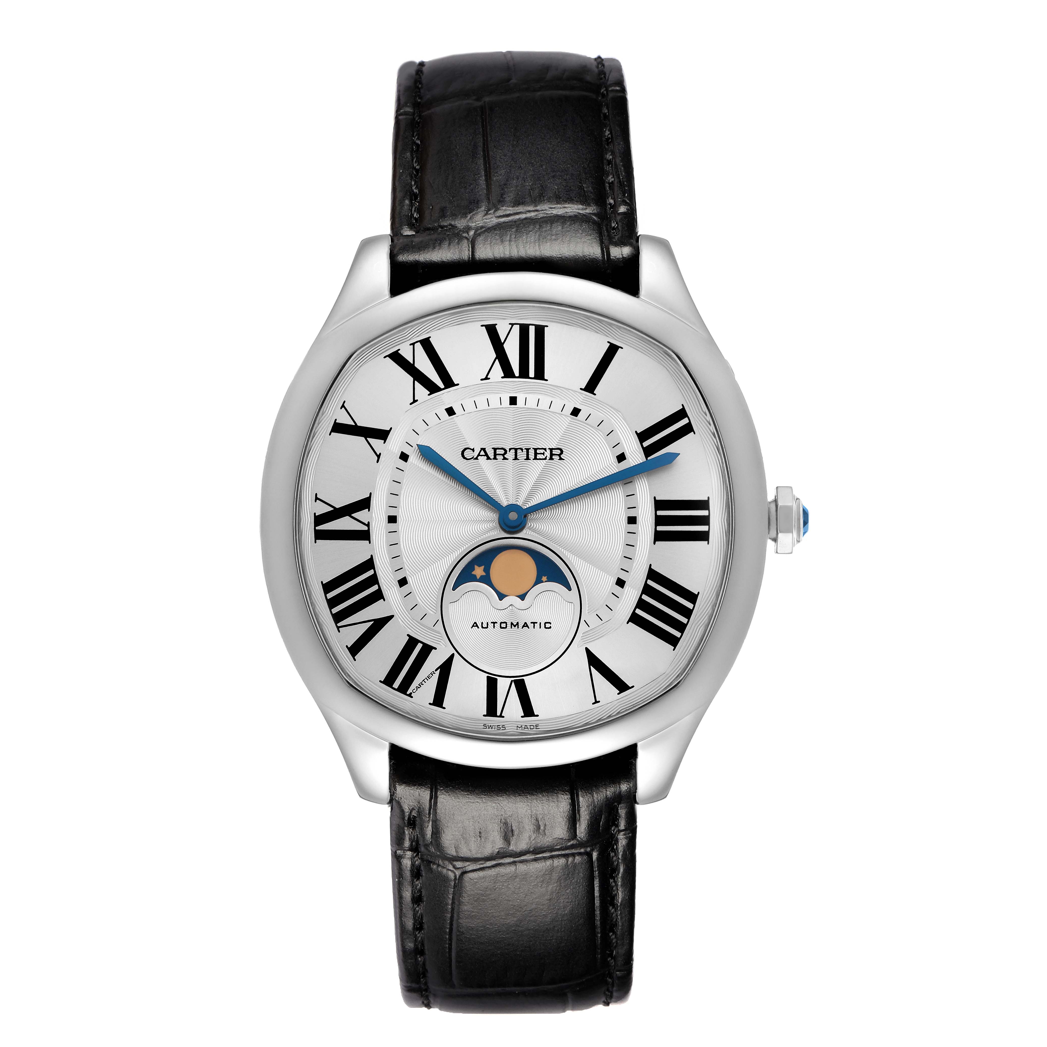 The Drive de Cartier watch is shown from a front angle, displaying its dial, Roman numerals, moon phase, and leather strap.