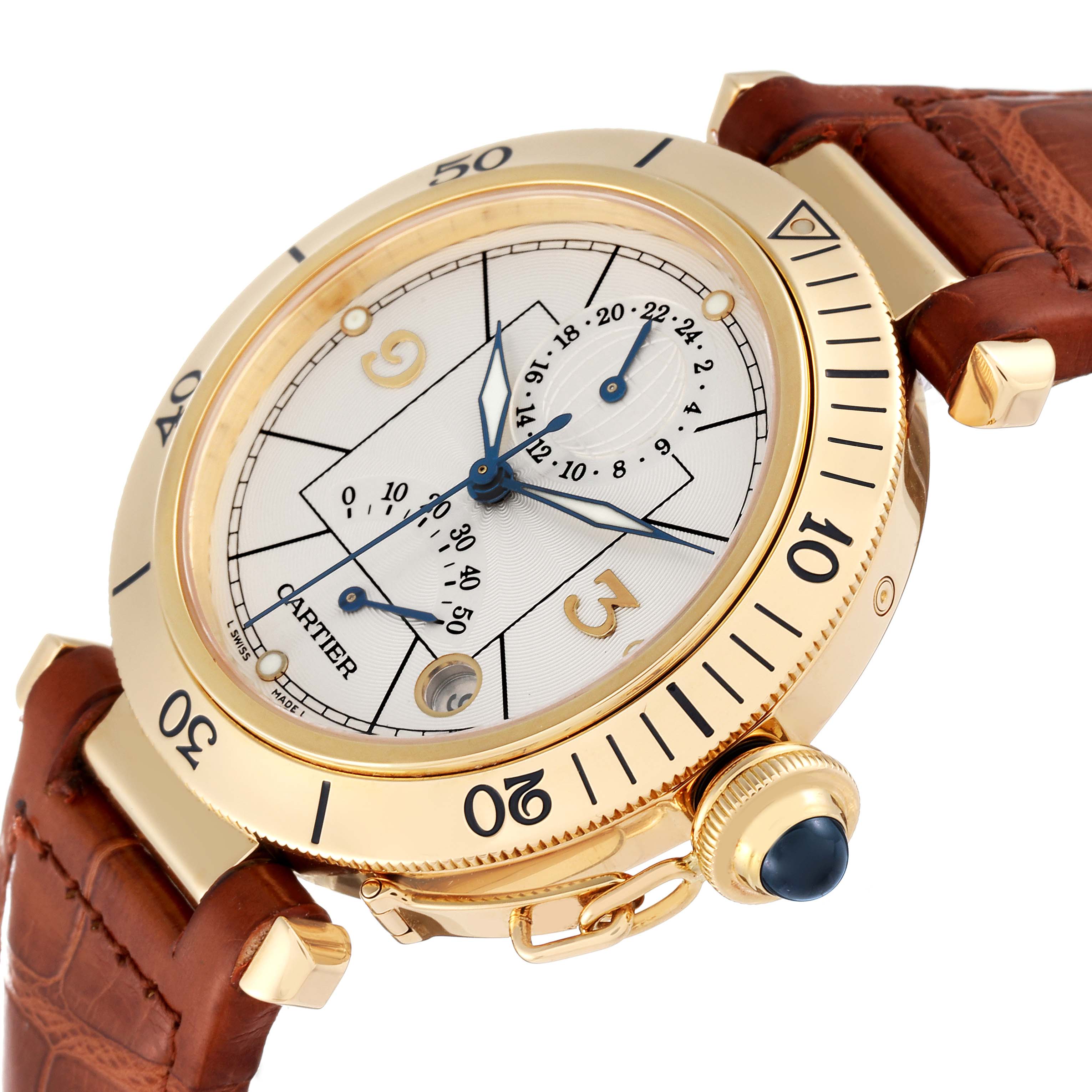 This image shows a Cartier Pasha W30144D1 Men's Yellow Gold Silver Dial W30144D1 Men's Yellow Gold Silver Dial watch at an angled side view, highlighting the dial, crown, and brown leather strap.