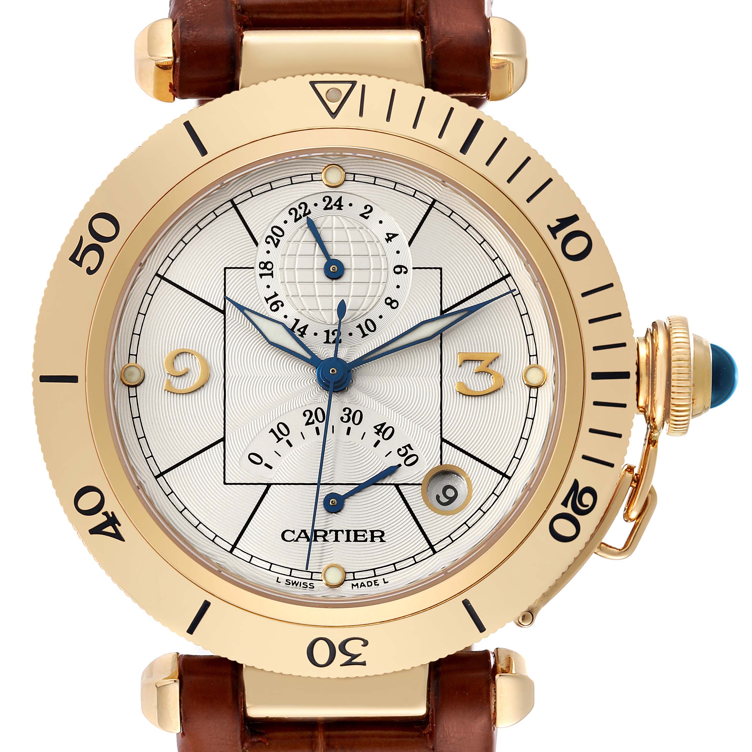 The image shows a frontal view of the Cartier Pasha W30144D1 Men's Yellow Gold Silver Dial W30144D1 Men's Yellow Gold Silver Dial watch, highlighting its dial, bezel, and crown with a blue cabochon.