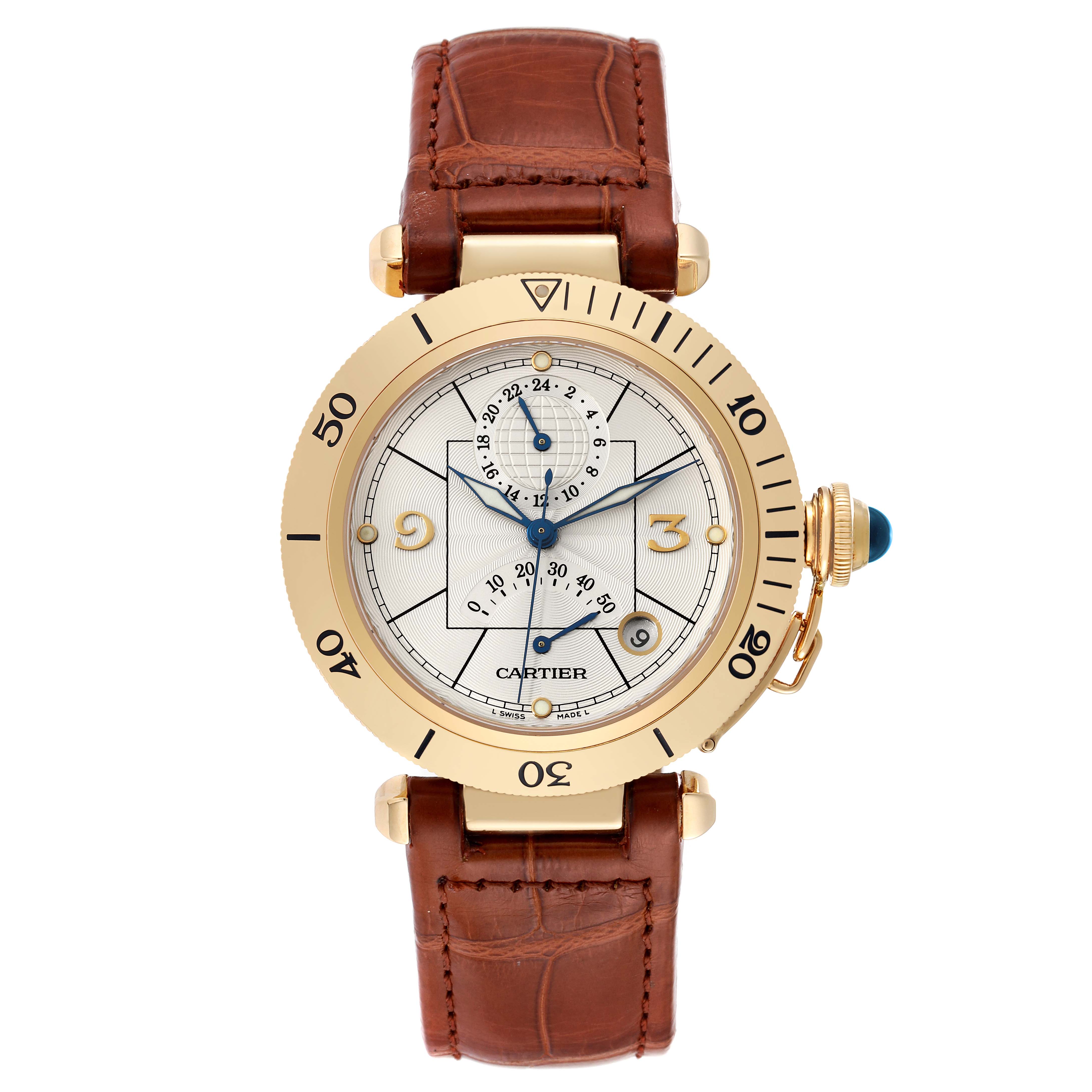 The image shows a front view of the Cartier Pasha W30144D1 Men's Yellow Gold Silver Dial W30144D1 Men's Yellow Gold Silver Dial watch, displaying its round face, brown leather strap, and gold casing.