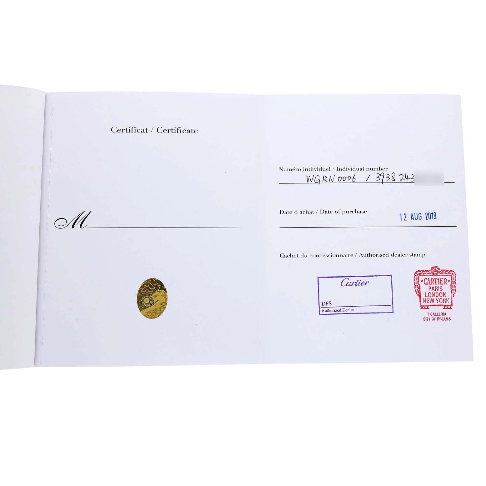 This image shows the certificate for a Cartier Ronde WGRN0006 Men's Rose Gold Silver Dial watch, displaying the individual number, purchase date, and dealer stamp.