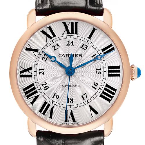 The Cartier Ronde WGRN0006 Men's Rose Gold Silver Dial watch is shown from a front angle, displaying its face, Roman numerals, blue hands, and black leather strap.