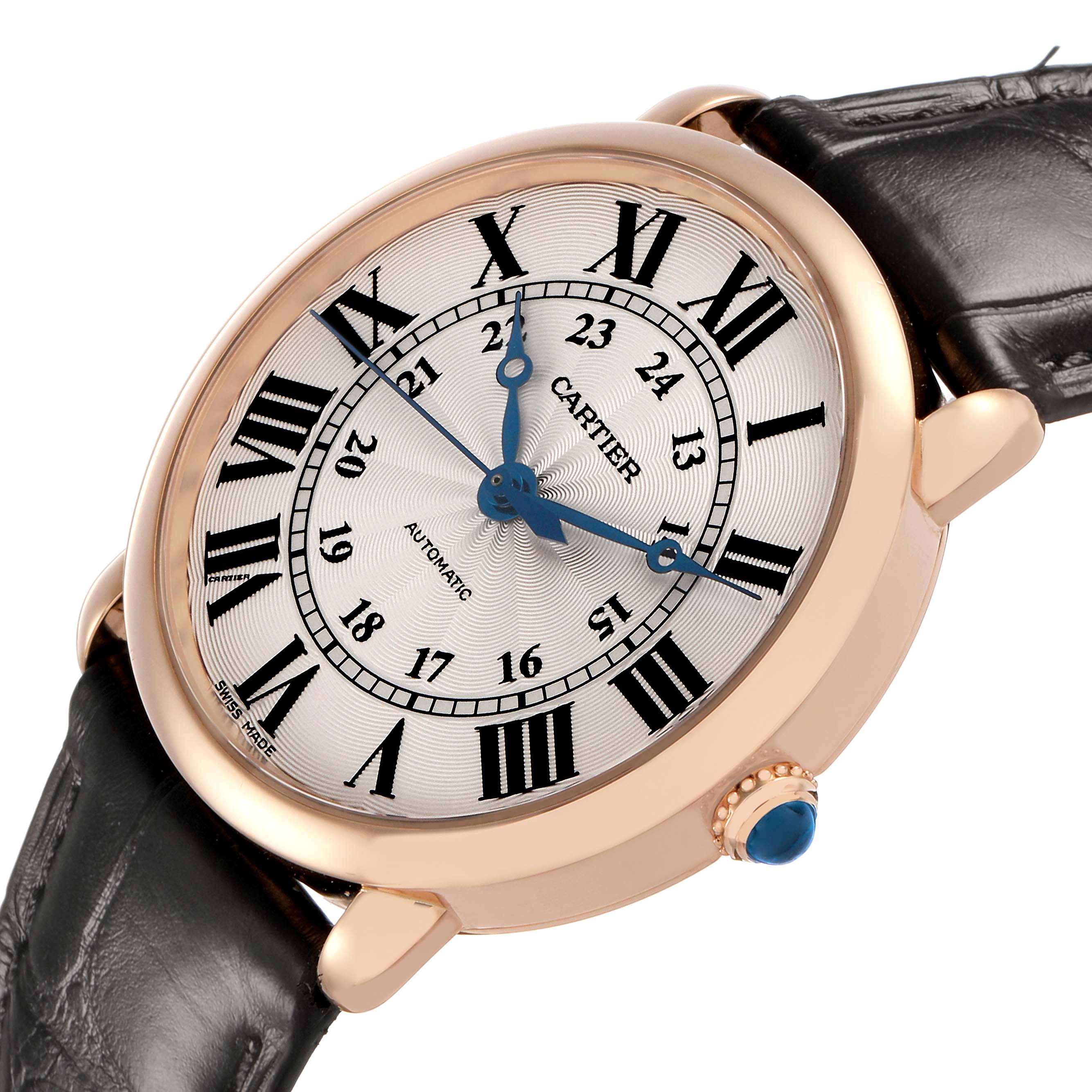 The Cartier Ronde WGRN0006 Men's Rose Gold Silver Dial watch is angled to show its face, bezel, crown, and leather strap.