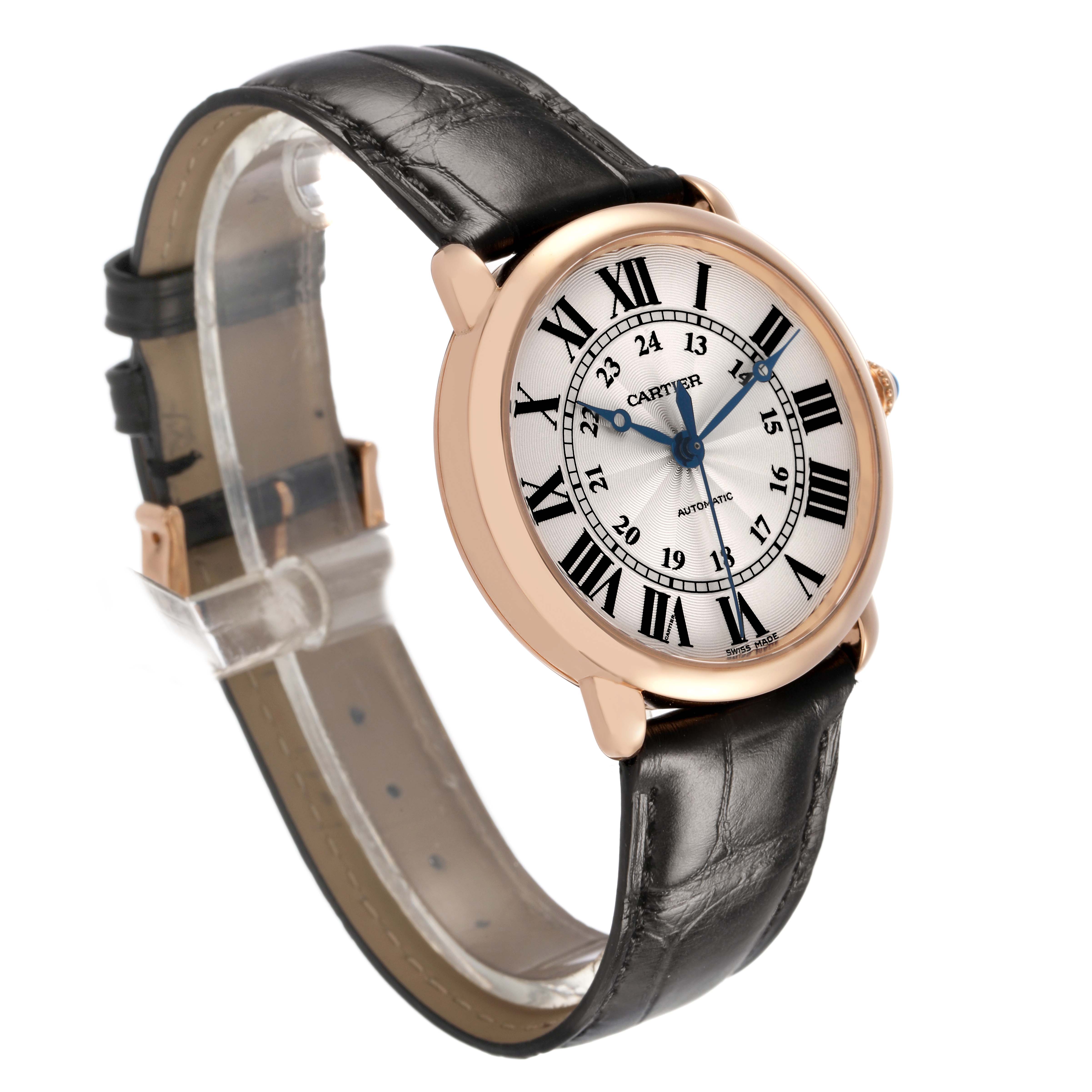 The Cartier Ronde WGRN0006 Men's Rose Gold Silver Dial watch is shown at a slight angle, highlighting its round face, Roman numerals, and leather strap.