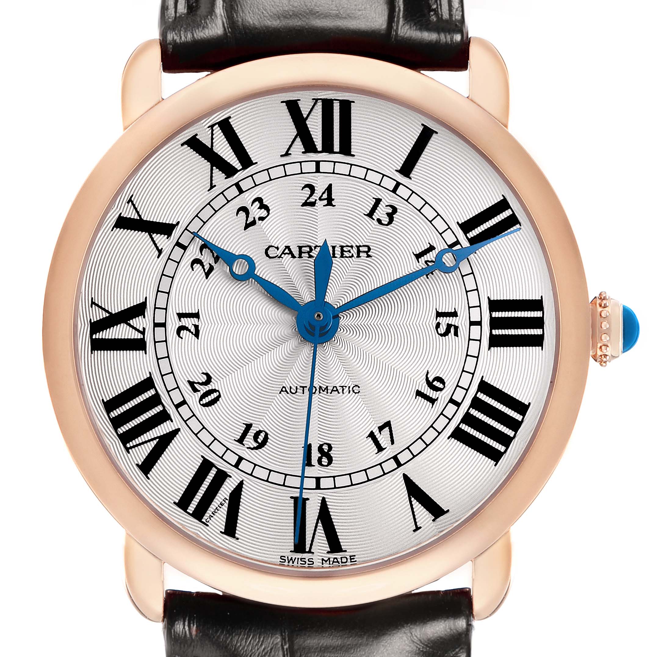 The Cartier Ronde WGRN0006 Men's Rose Gold Silver Dial watch is shown from the front, highlighting its dial, Roman numerals, blue hands, and crown with a sapphire cabochon.