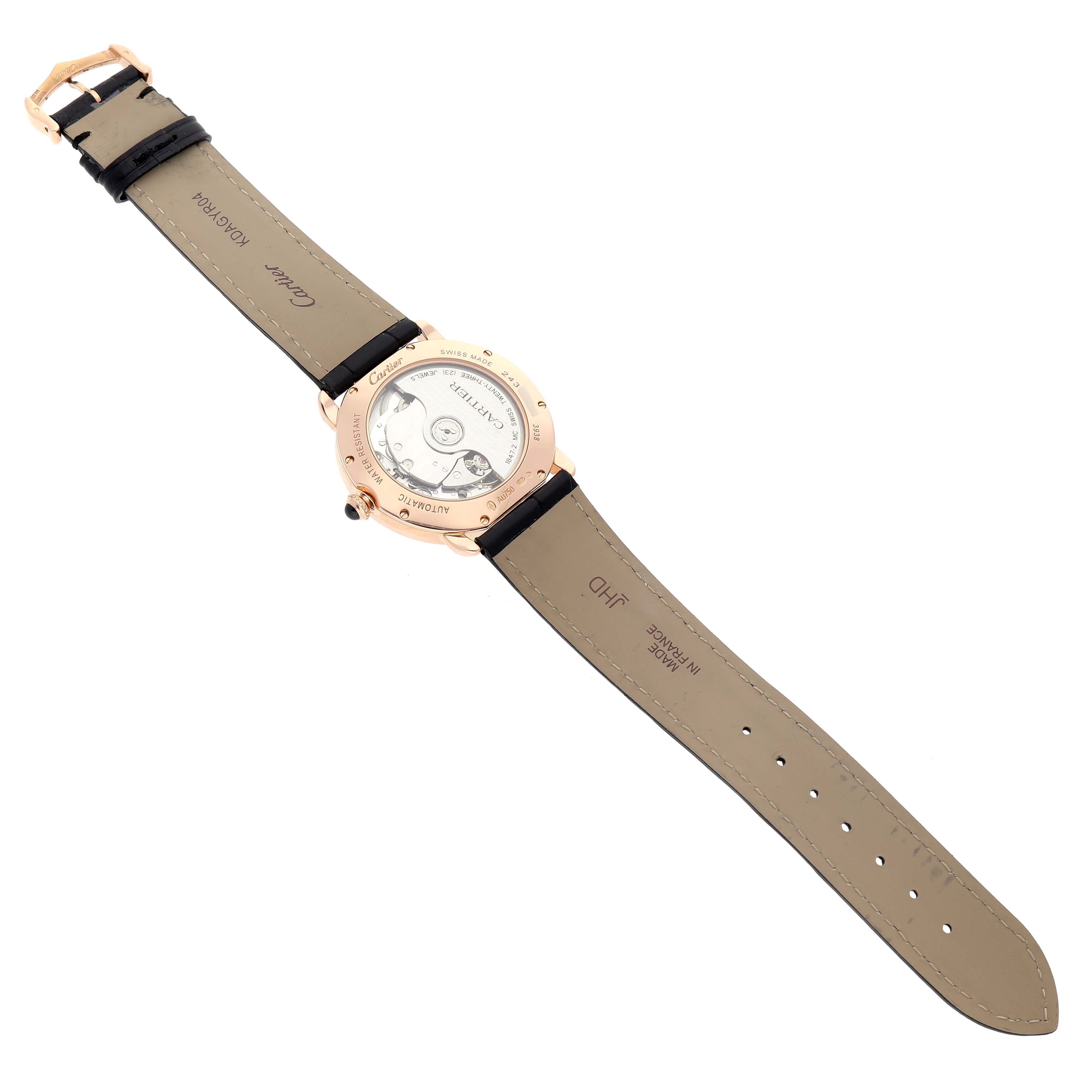 The Cartier Ronde WGRN0006 Men's Rose Gold Silver Dial model is shown from the back, displaying its case back and leather strap.