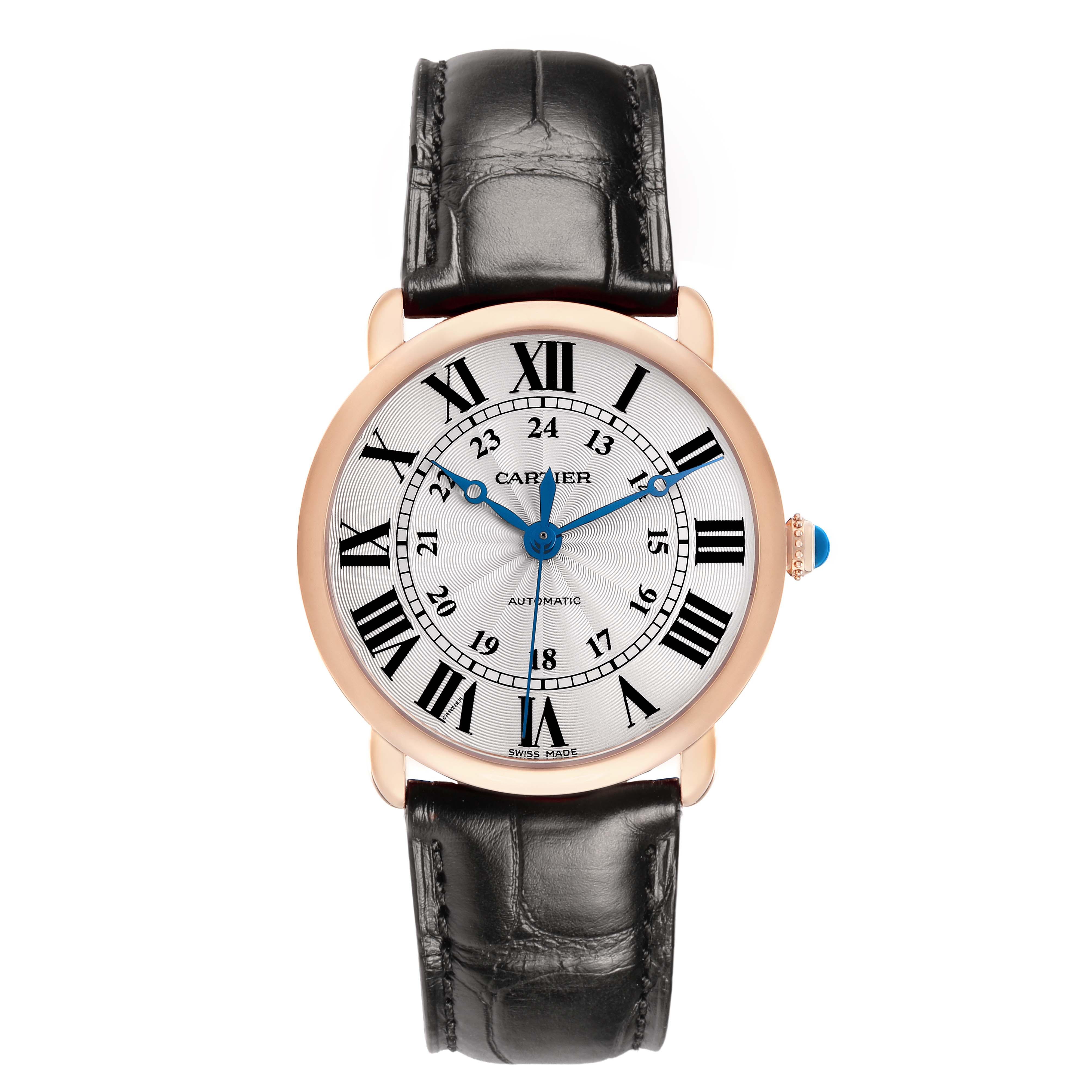 The Cartier Ronde WGRN0006 Men's Rose Gold Silver Dial watch is shown from a front angle, highlighting the face, Roman numerals, hands, and black leather strap.