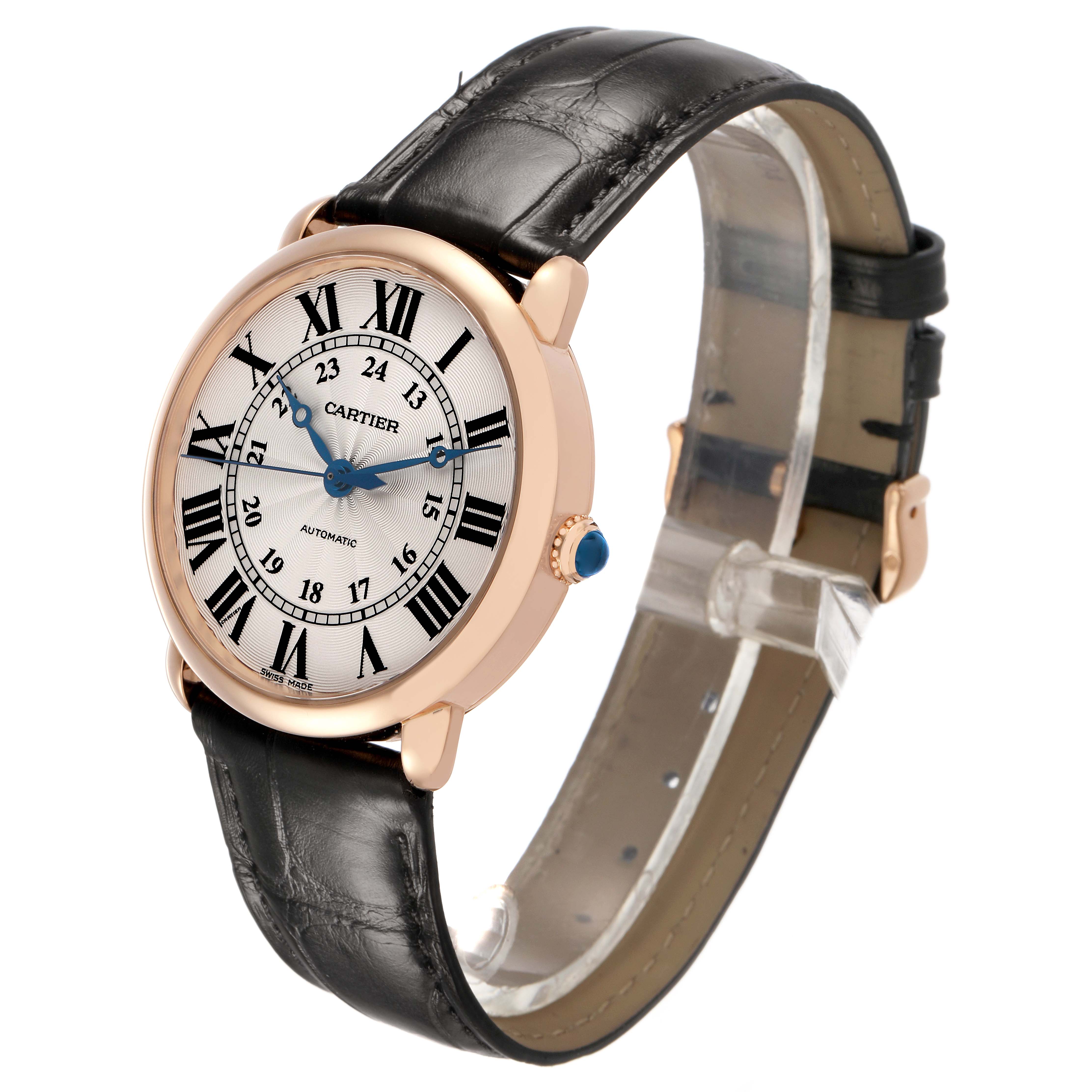 The Cartier Ronde WGRN0006 Men's Rose Gold Silver Dial watch is shown at a slight angle, highlighting its face, Roman numerals, and black leather strap.