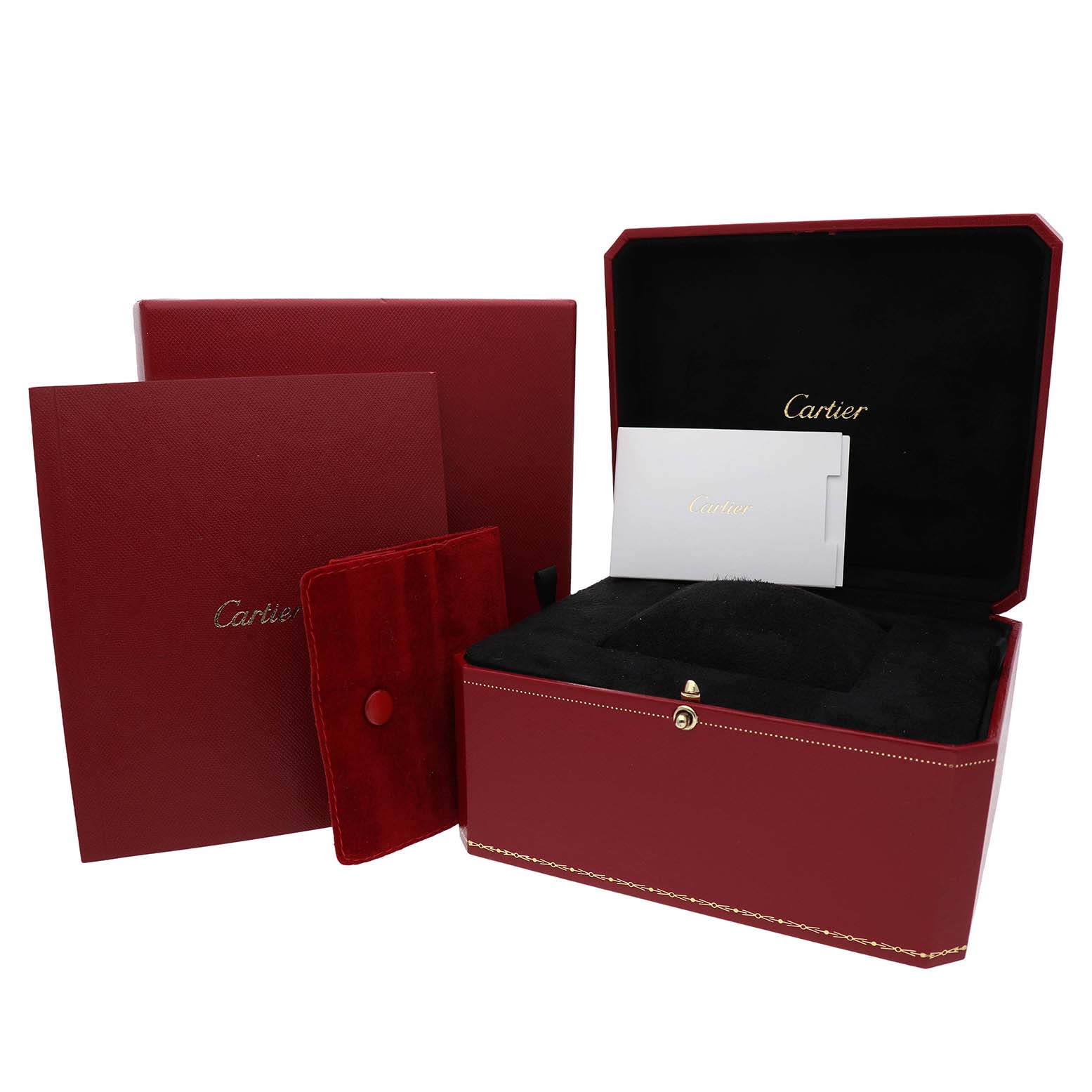 The image shows Cartier Ronde WGRN0006 Men's Rose Gold Silver Dial model packaging, including a red box, booklet, and pouch, with the box lid open.