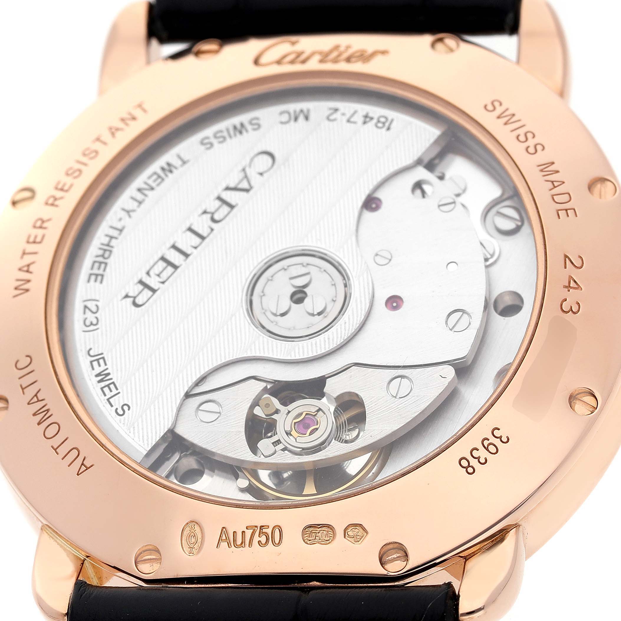 The image shows the back of the Cartier Ronde WGRN0006 Men's Rose Gold Silver Dial watch, highlighting the movement and case details.