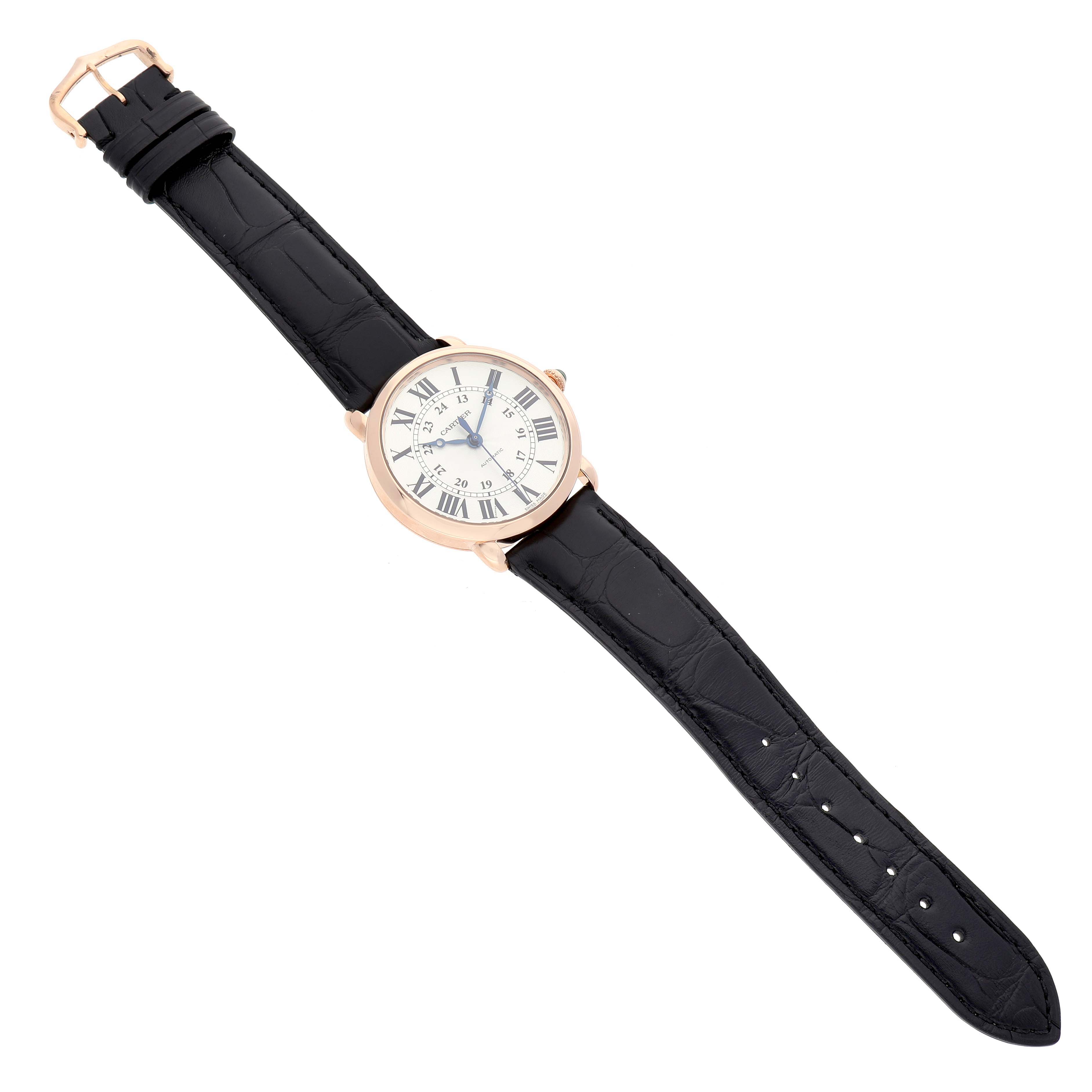 The Cartier Ronde WGRN0006 Men's Rose Gold Silver Dial watch is shown from a top-down angle, displaying the entire face and leather strap.