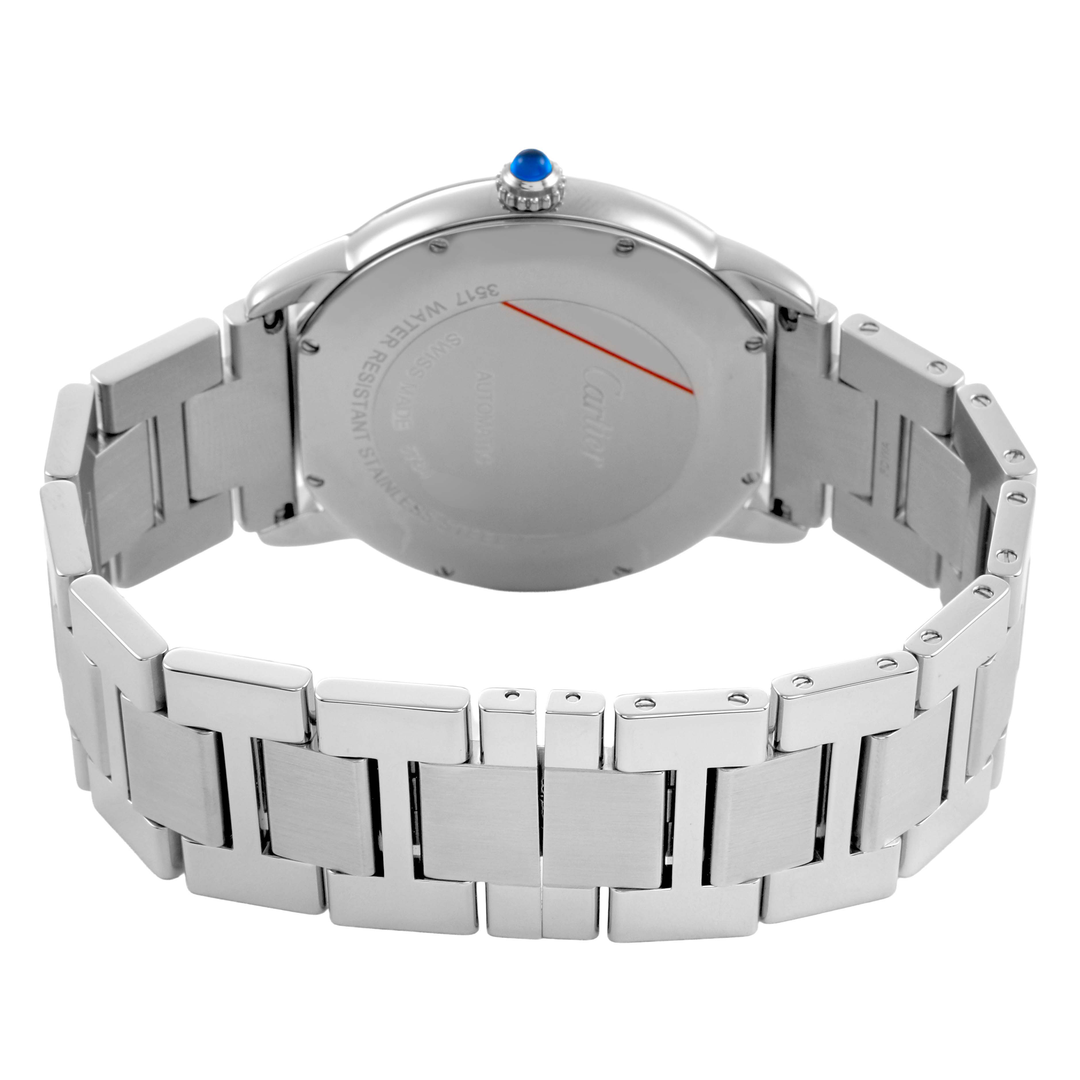 The image displays the back of the Cartier Ronde W6701011 Men's Stainless Steel Silver Dial watch, showing its case back, bracelet, and clasp from a rear angle.
