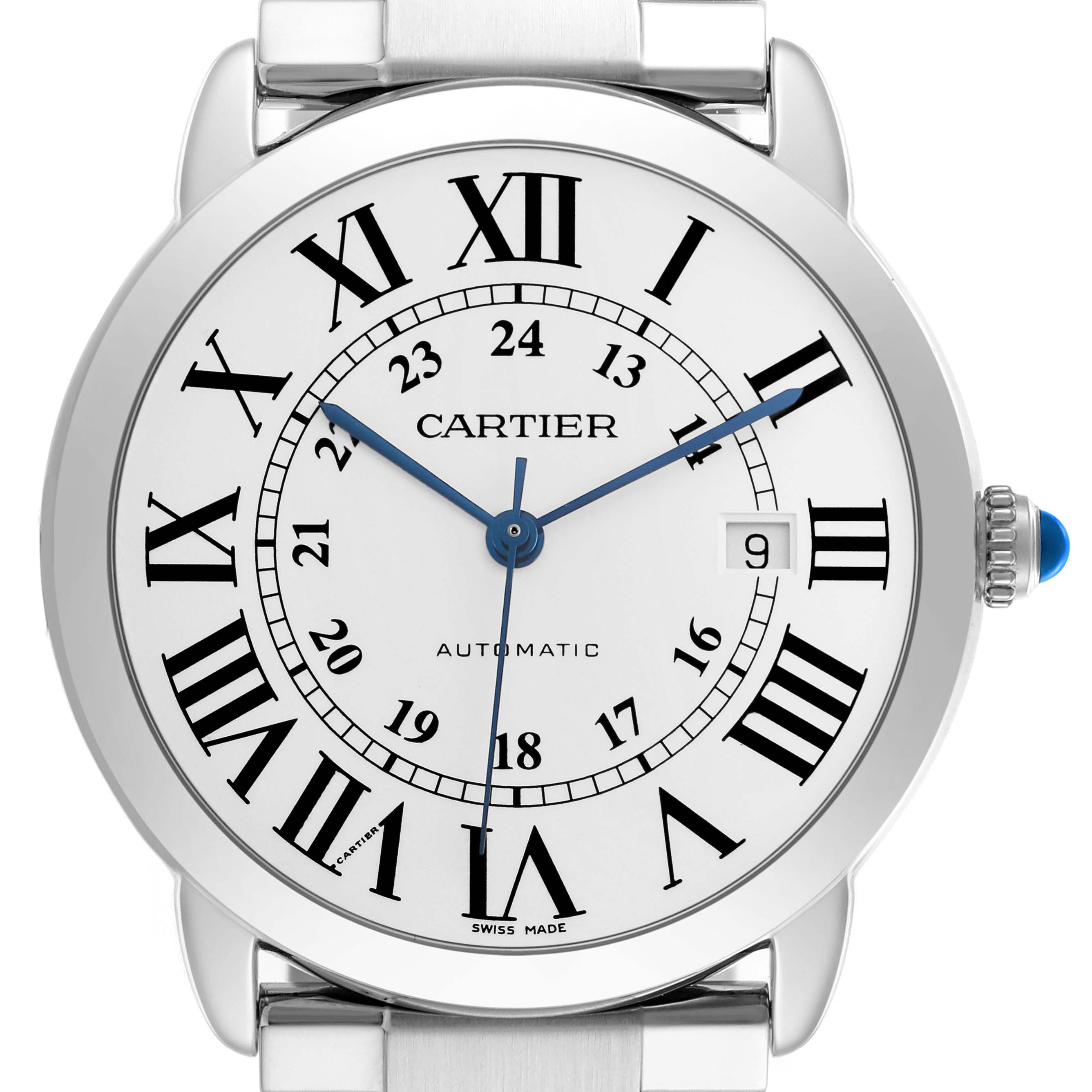 The Cartier Ronde W6701011 Men's Stainless Steel Silver Dial watch is shown from the front, highlighting its face, Roman numerals, blued hands, and date window.