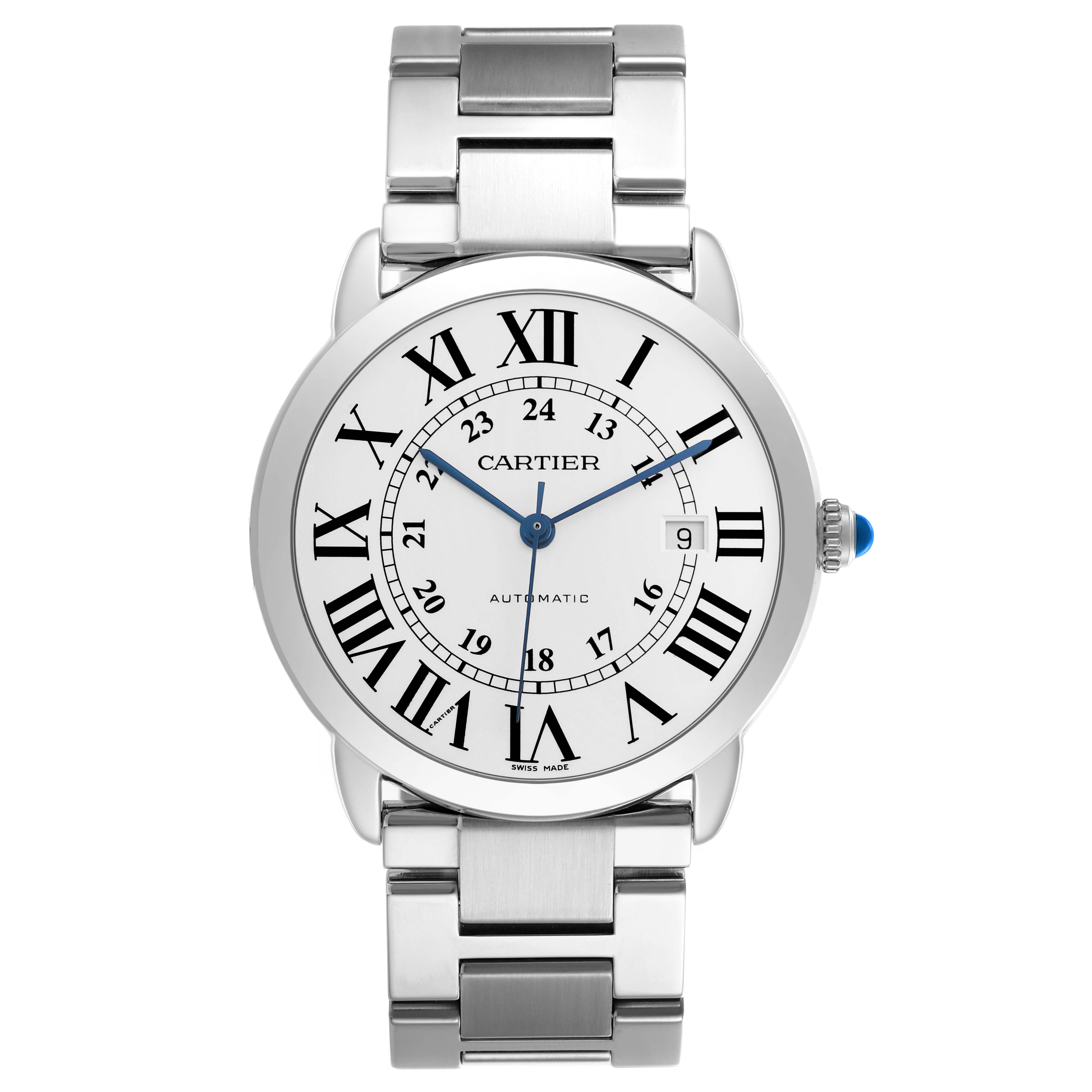 The Cartier Ronde W6701011 Men's Stainless Steel Silver Dial watch is shown from the front, displaying its face, bracelet, and side crown.
