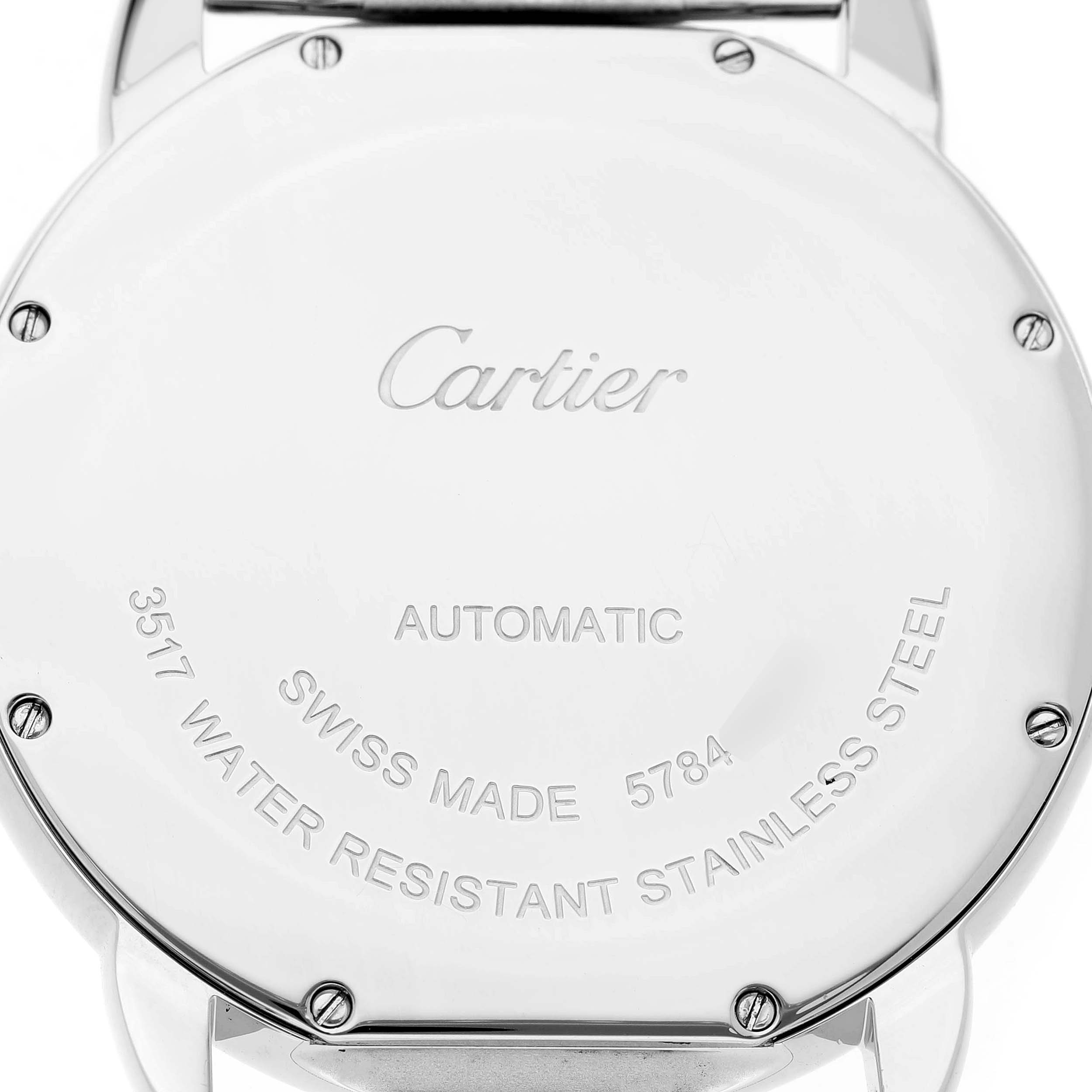 The image shows the back case of a Cartier Ronde W6701011 Men's Stainless Steel Silver Dial watch, highlighting its details and engravings.