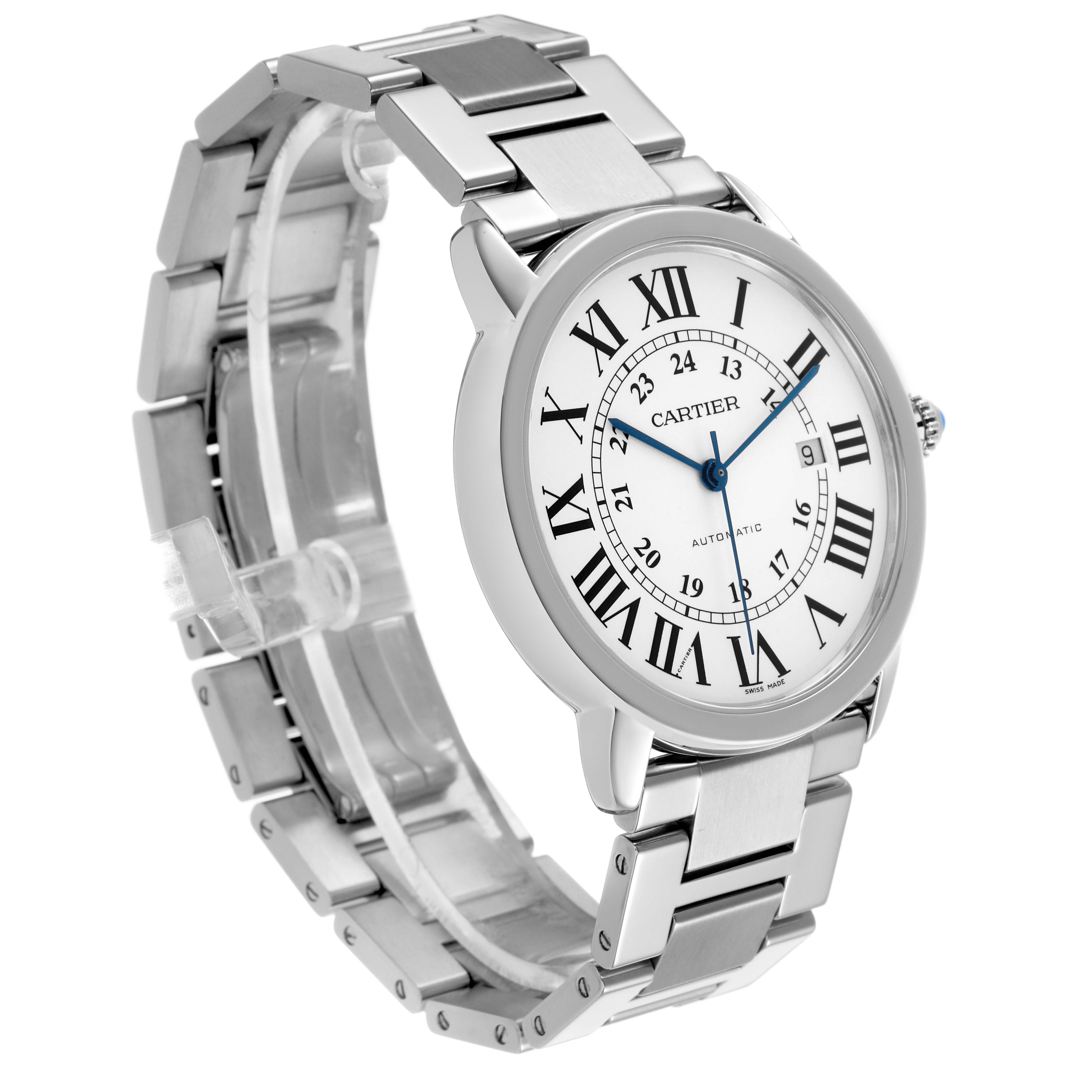 The Cartier Ronde W6701011 Men's Stainless Steel Silver Dial watch is shown at a three-quarter angle, highlighting the face, Roman numerals, and metal bracelet.