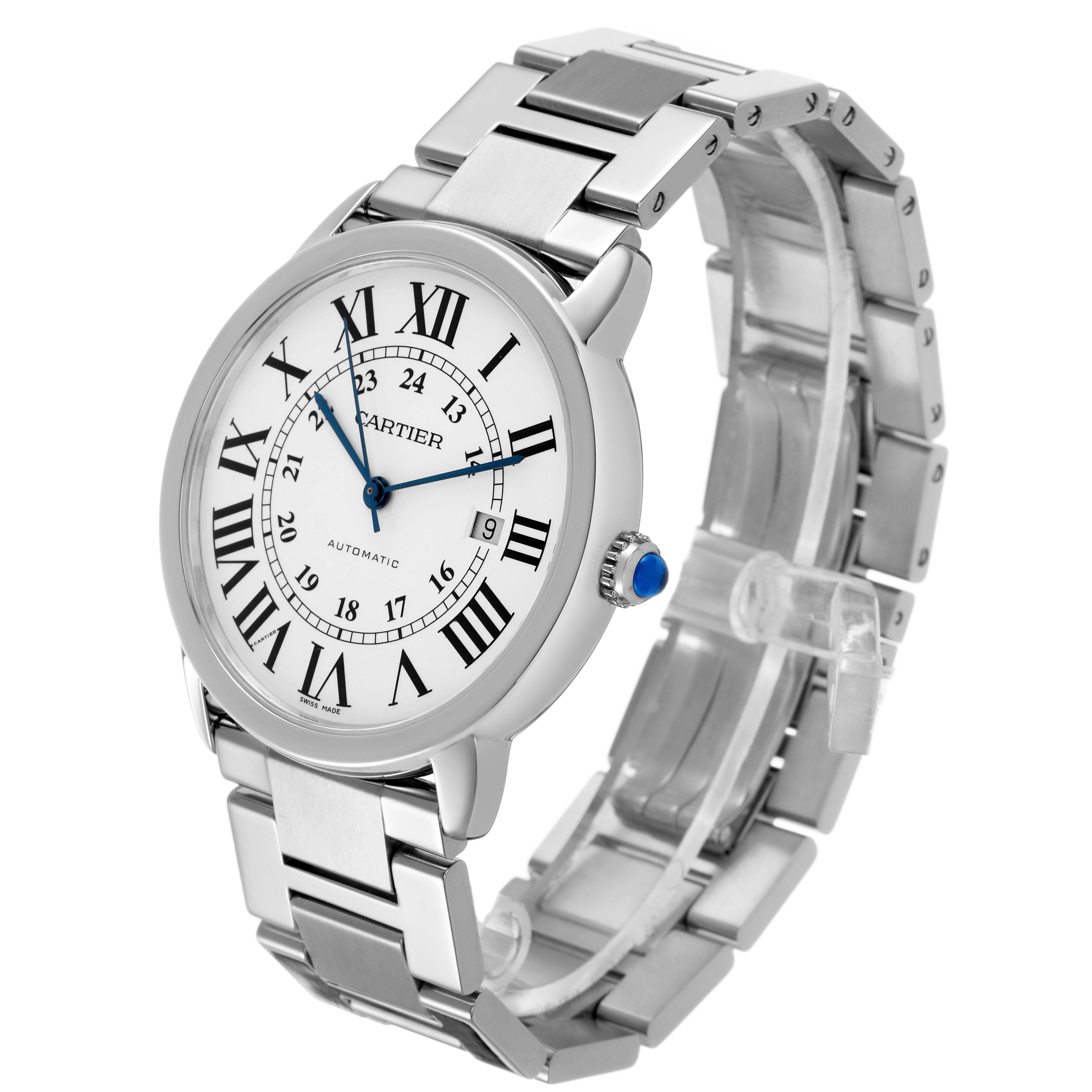 The Cartier Ronde W6701011 Men's Stainless Steel Silver Dial watch is shown at an angle displaying the face, bezel, crown, and part of the metal bracelet.