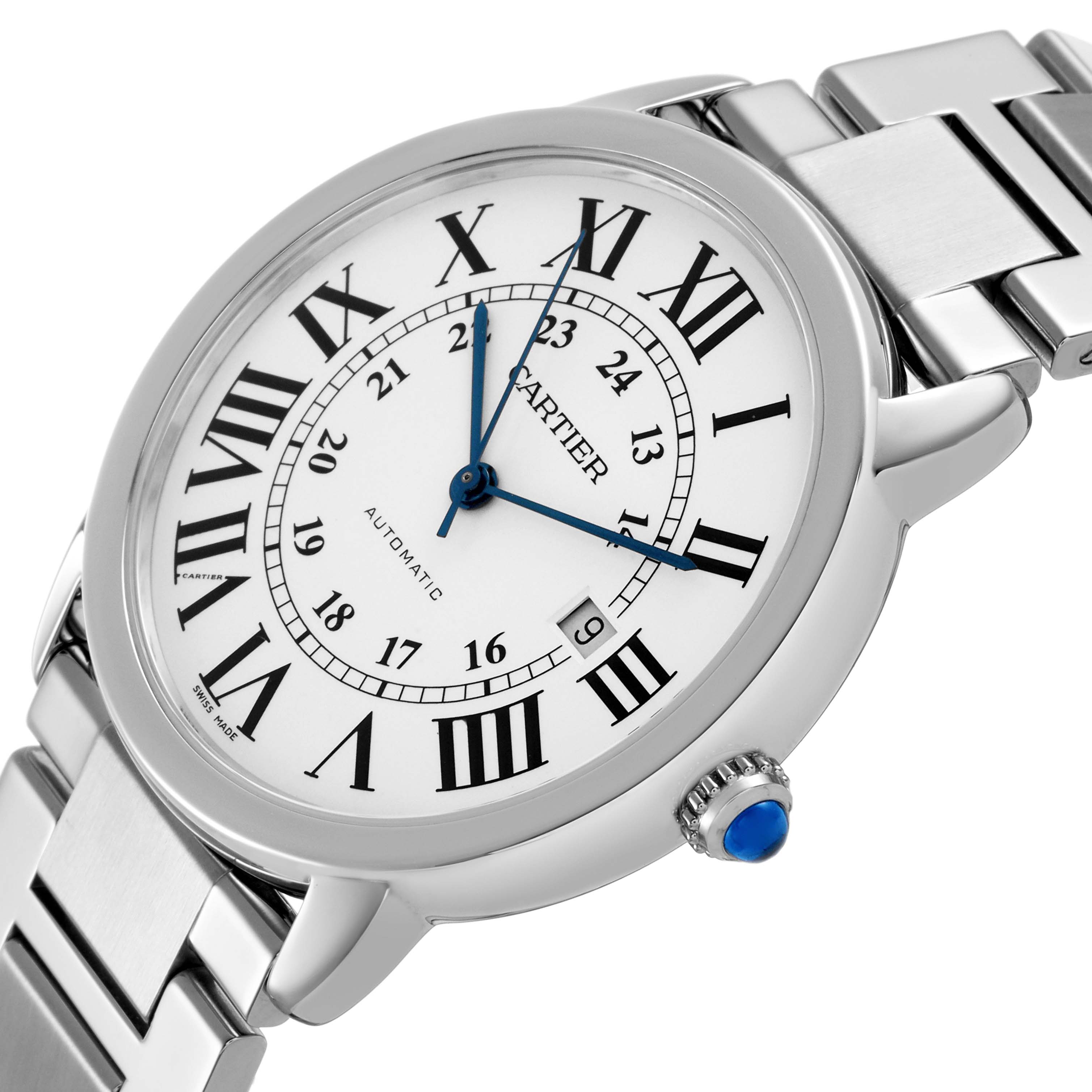 The Cartier Ronde W6701011 Men's Stainless Steel Silver Dial watch is shown at a slight side angle, highlighting the face, bezel, crown, and part of the bracelet.