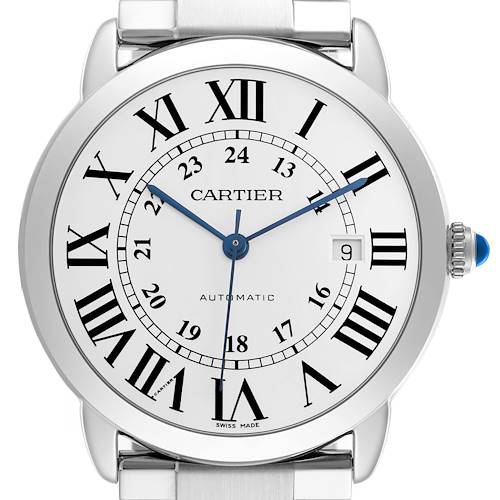 The Cartier Ronde W6701011 Men's Stainless Steel Silver Dial watch is shown from the front, displaying the dial, Roman numerals, brand name, and a blue cabochon crown.
