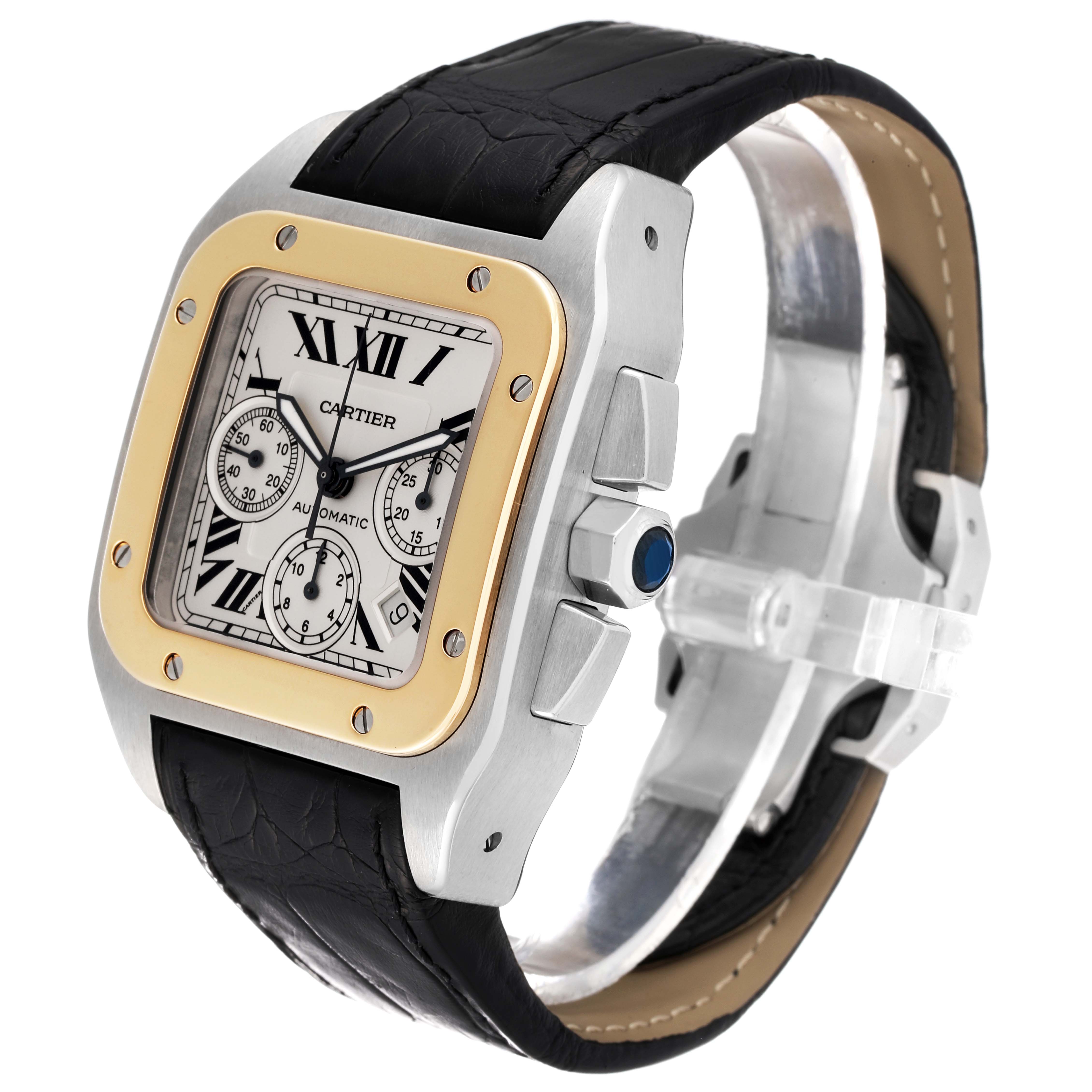 The image shows a side angle of the Cartier Santos W20091X7 Men's Stainless Steel Silver Dial W20091X7 Men's Stainless Steel Silver Dial watch, highlighting its dial, bezel, case, and leather strap.