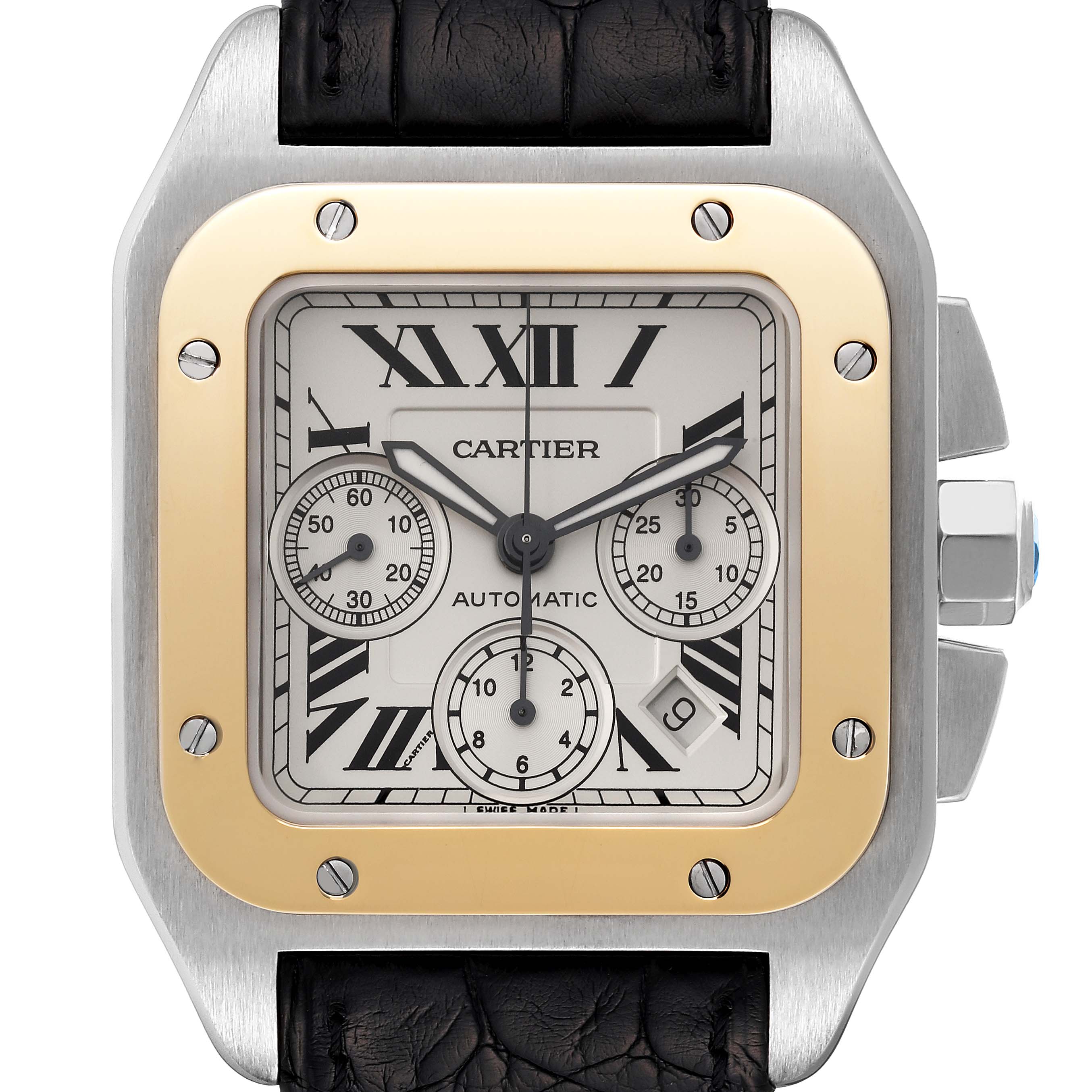 The image shows a front view of a Cartier Santos W20091X7 Men's Stainless Steel Silver Dial W20091X7 Men's Stainless Steel Silver Dial model watch with a square face, three sub-dials, and a leather strap.