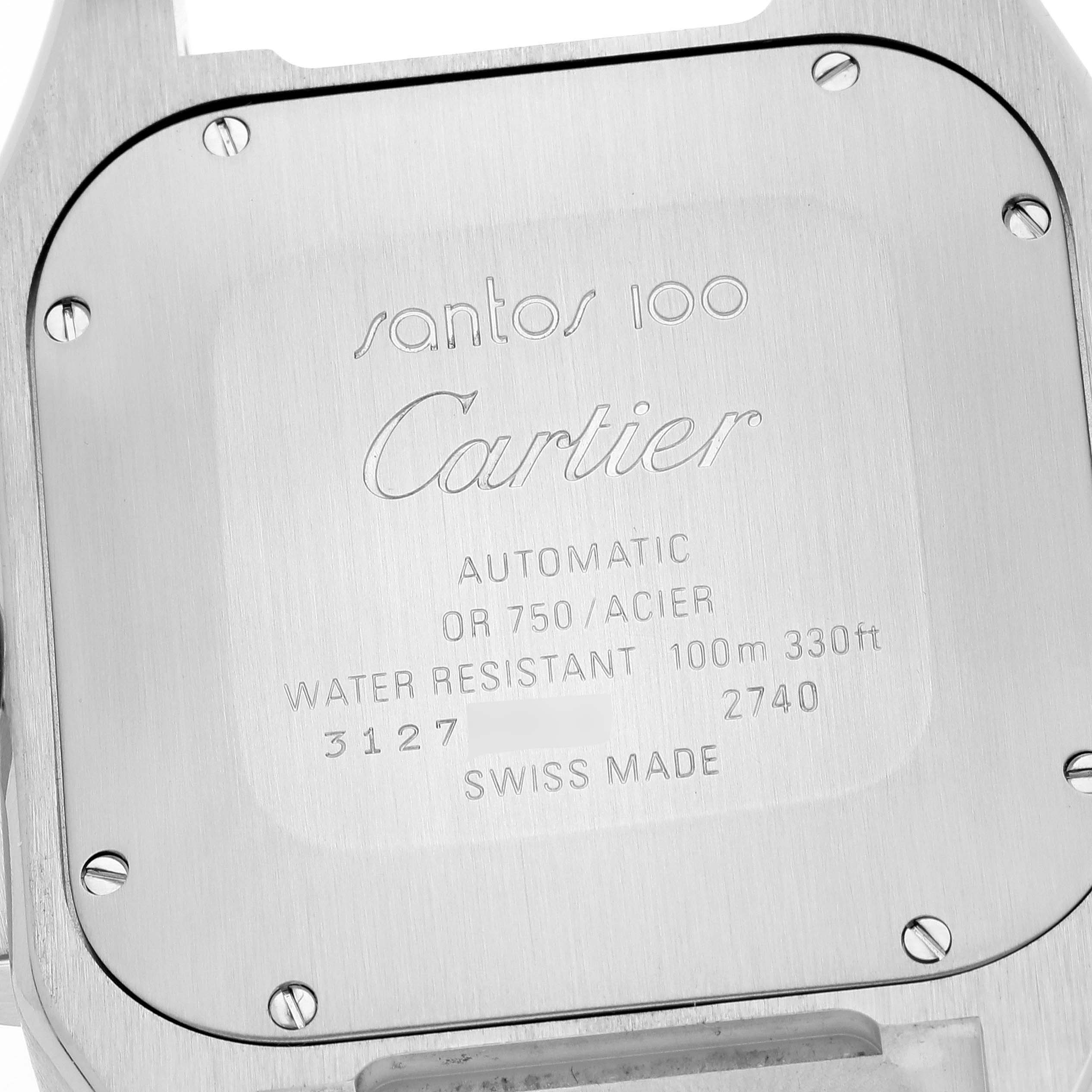 This image shows the case back of a Cartier Santos W20091X7 Men's Stainless Steel Silver Dial W20091X7 Men's Stainless Steel Silver Dial 100 watch, displaying the engravings and securing screws.