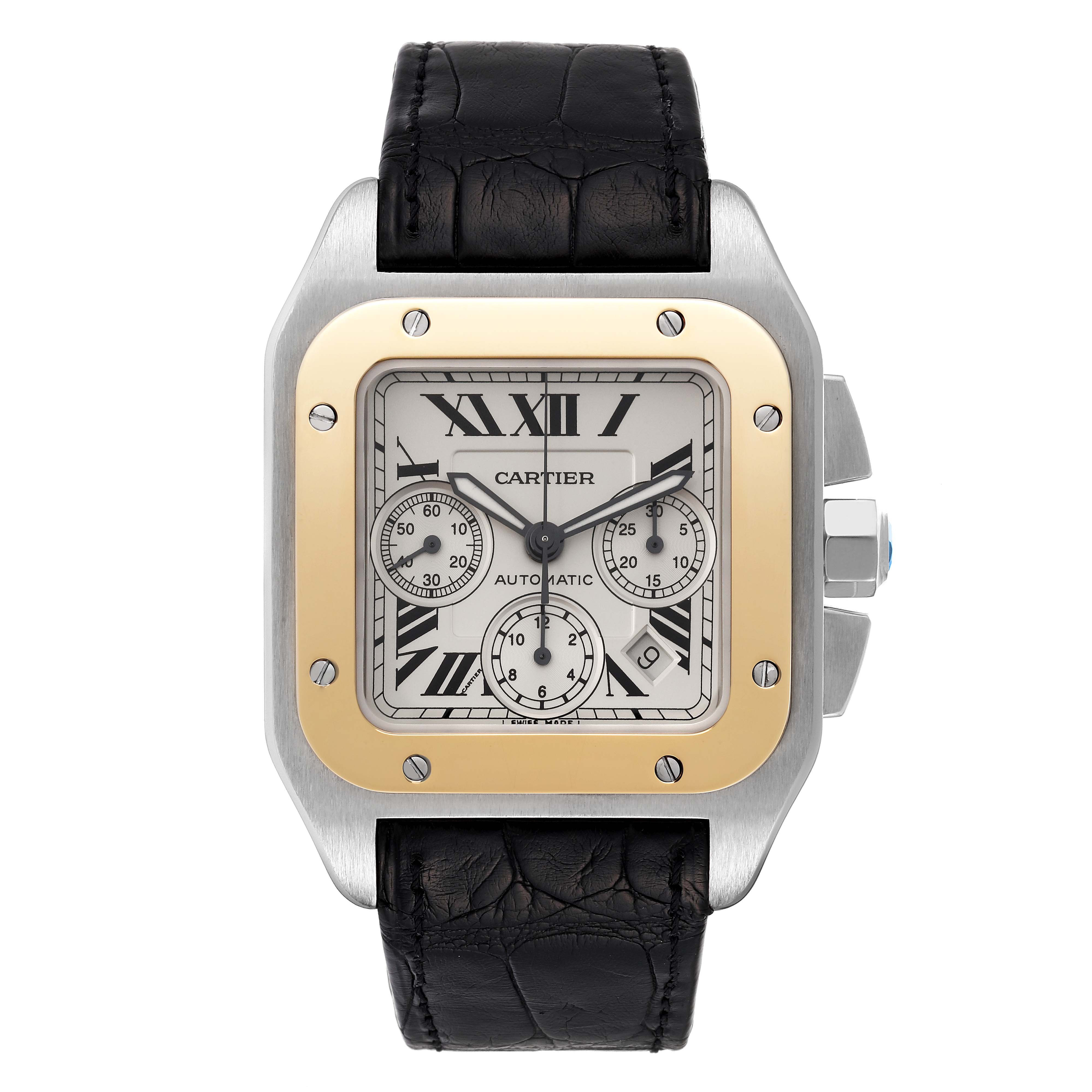 The image shows a front view of a Cartier Santos W20091X7 Men's Stainless Steel Silver Dial W20091X7 Men's Stainless Steel Silver Dial watch, highlighting its square dial, chronograph subdials, and black leather strap.