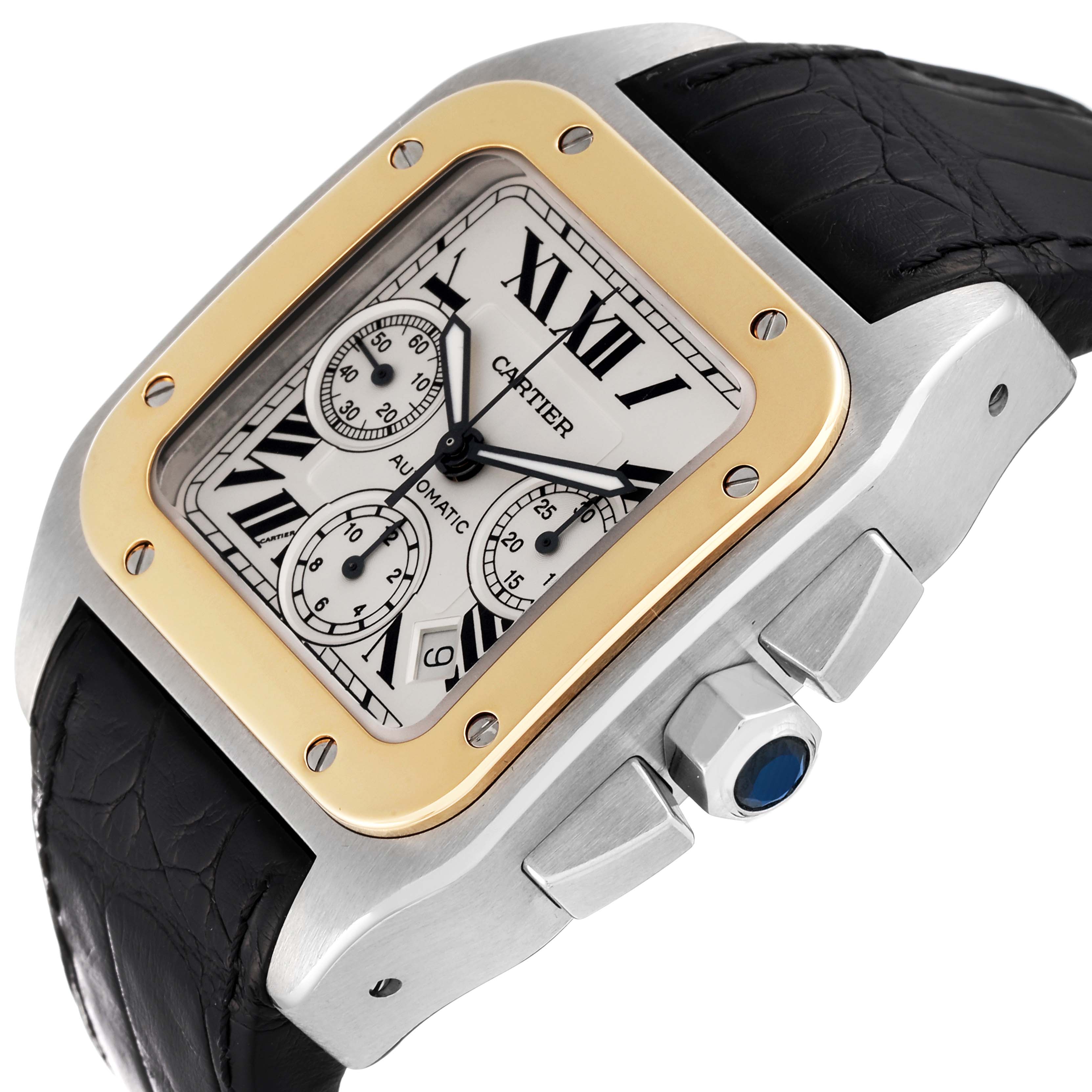 This image shows a side-angled view of the Cartier Santos W20091X7 Men's Stainless Steel Silver Dial W20091X7 Men's Stainless Steel Silver Dial watch, featuring the face, bezel, and part of the leather strap.