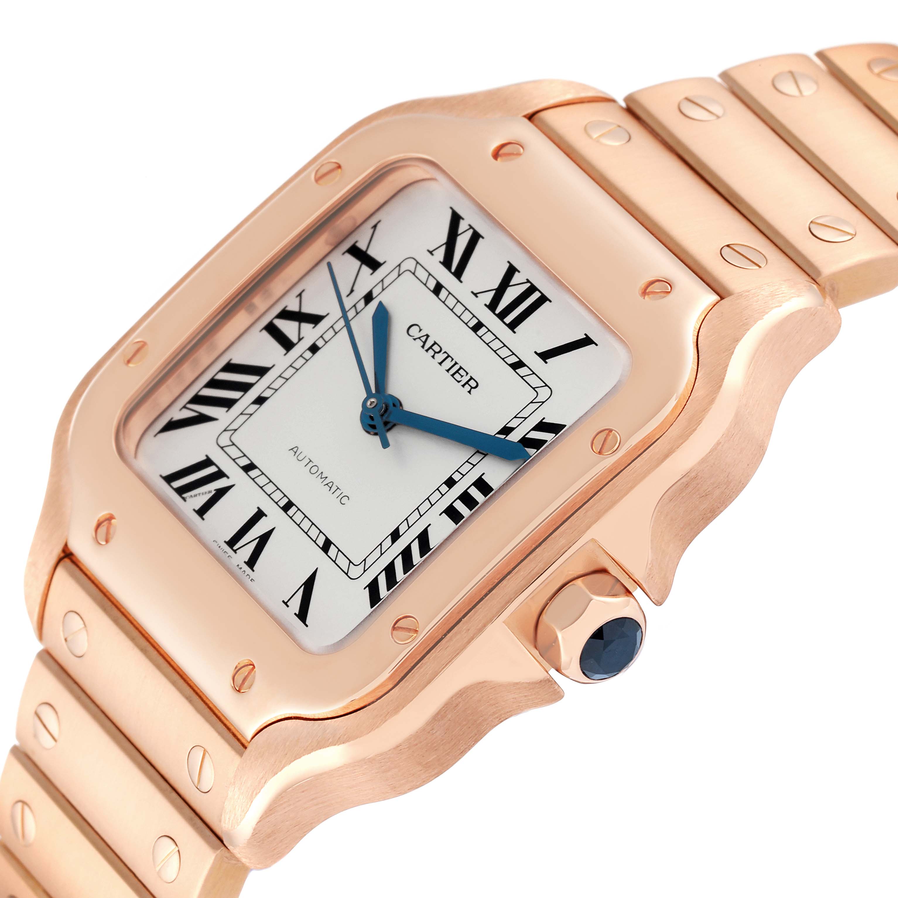 The image shows a close-up angled view of the Cartier Santos WGSA0008 Men's Rose Gold Silver Dial WGSA0008 Men's Rose Gold Silver Dial watch, highlighting its case, dial, bezel, and part of the bracelet.