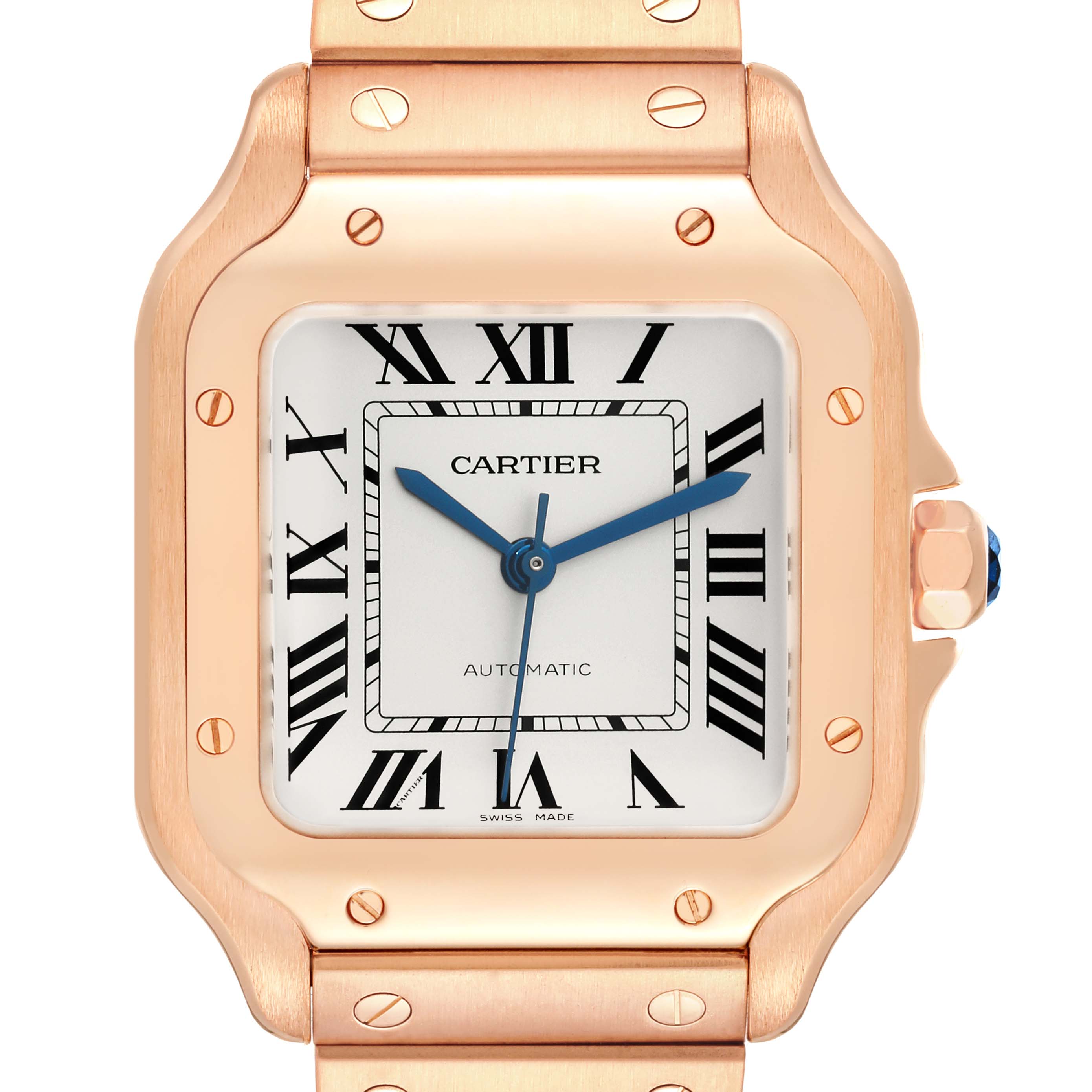 This image shows a close-up of the face and partial bracelet of the Cartier Santos WGSA0008 Men's Rose Gold Silver Dial WGSA0008 Men's Rose Gold Silver Dial watch in rose gold.