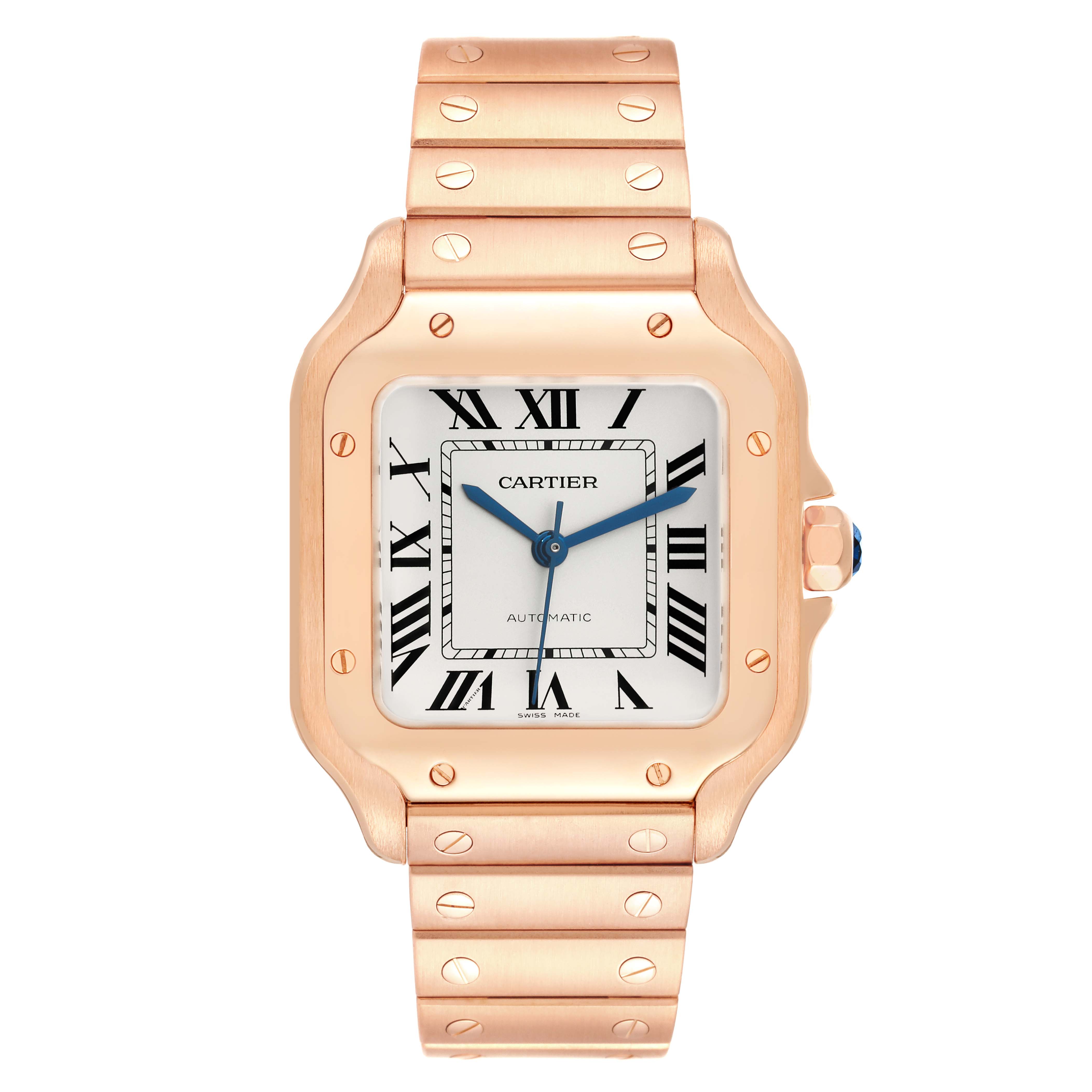 The image shows a Cartier Santos WGSA0008 Men's Rose Gold Silver Dial WGSA0008 Men's Rose Gold Silver Dial watch, with a full frontal view detailing the face, bezel, and bracelet.