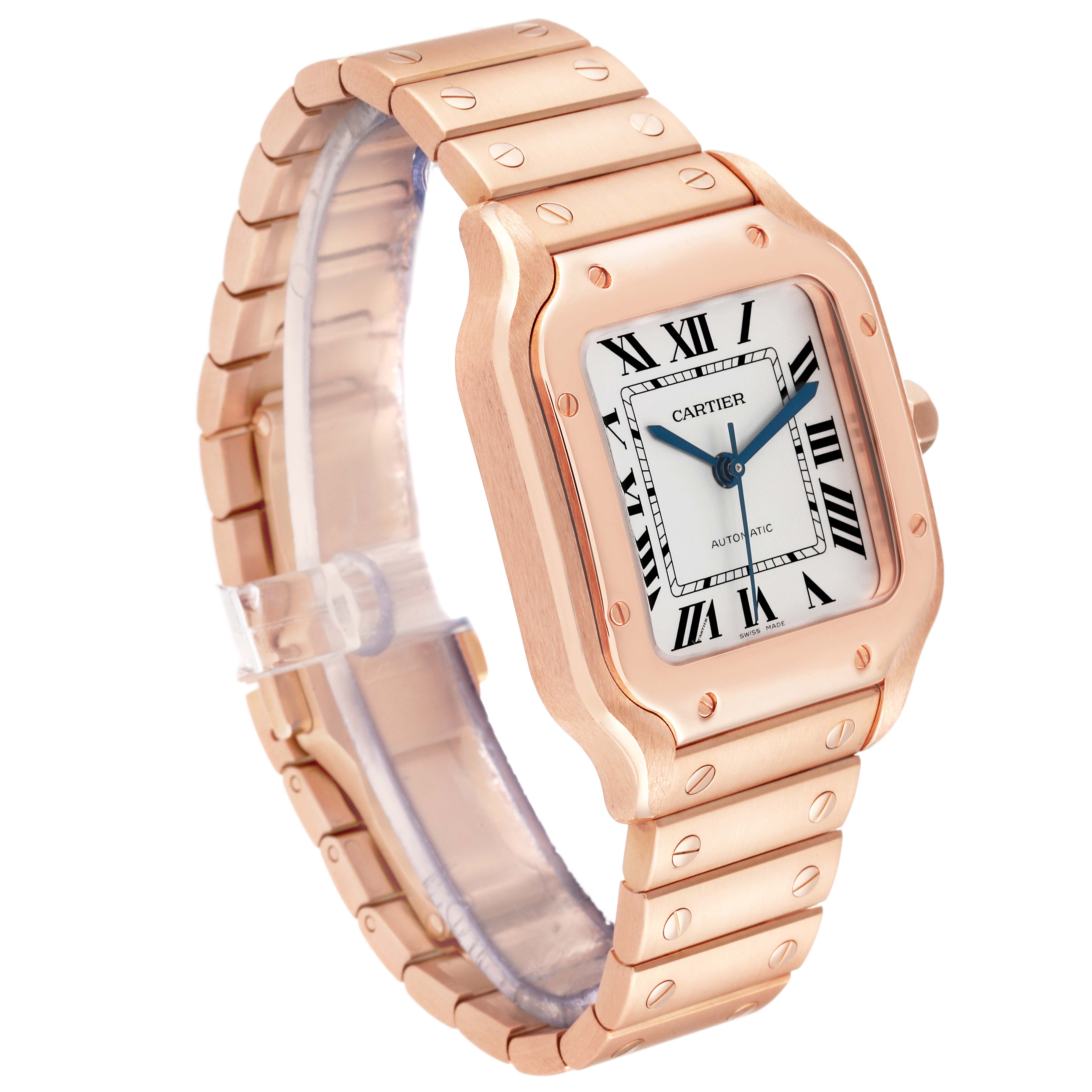 The image shows a Cartier Santos WGSA0008 Men's Rose Gold Silver Dial WGSA0008 Men's Rose Gold Silver Dial watch at a slight angle, highlighting the face, bezel, and part of the bracelet.