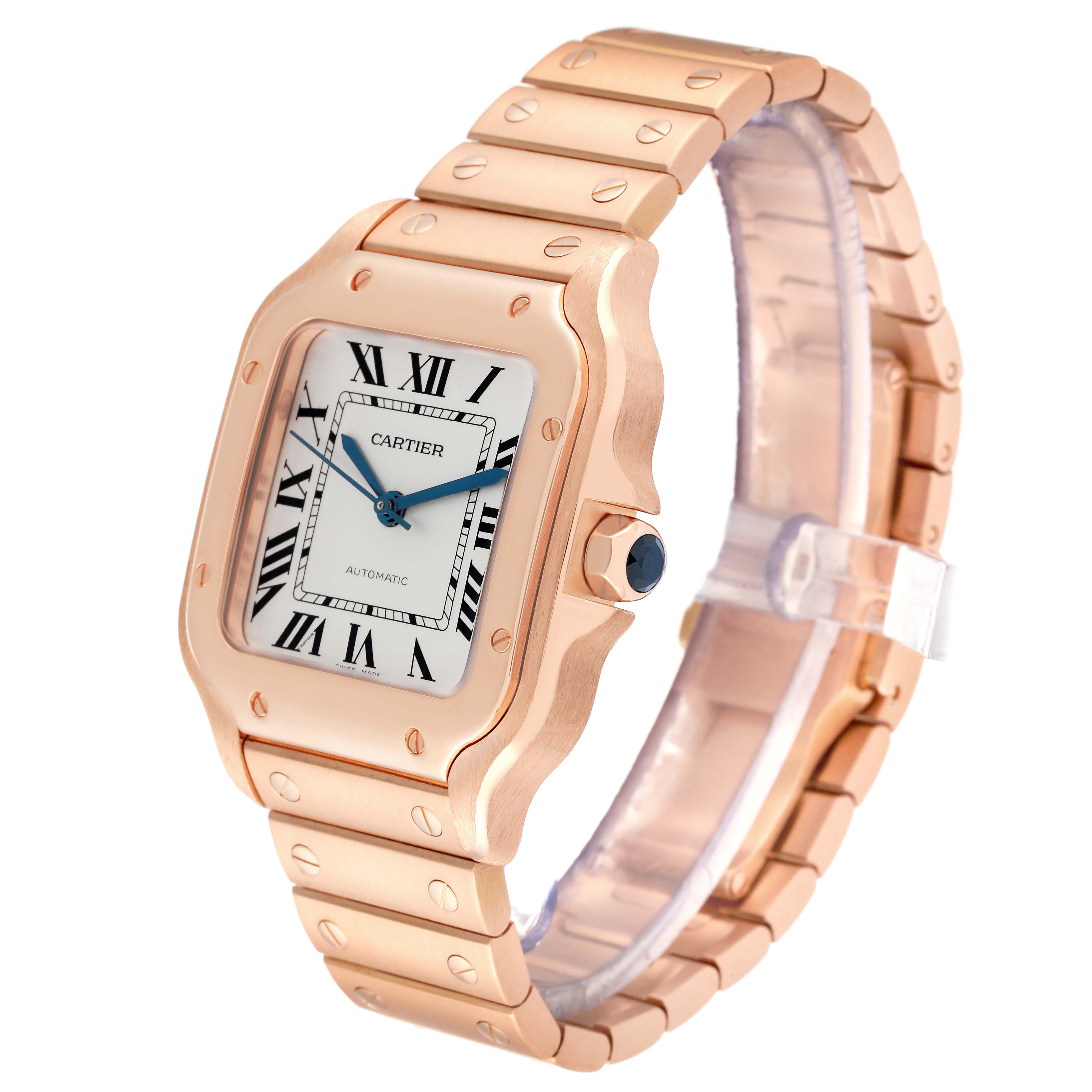 This image shows a Cartier Santos WGSA0008 Men's Rose Gold Silver Dial WGSA0008 Men's Rose Gold Silver Dial watch at a three-quarter angle highlighting the face, bezel, crown, and bracelet.