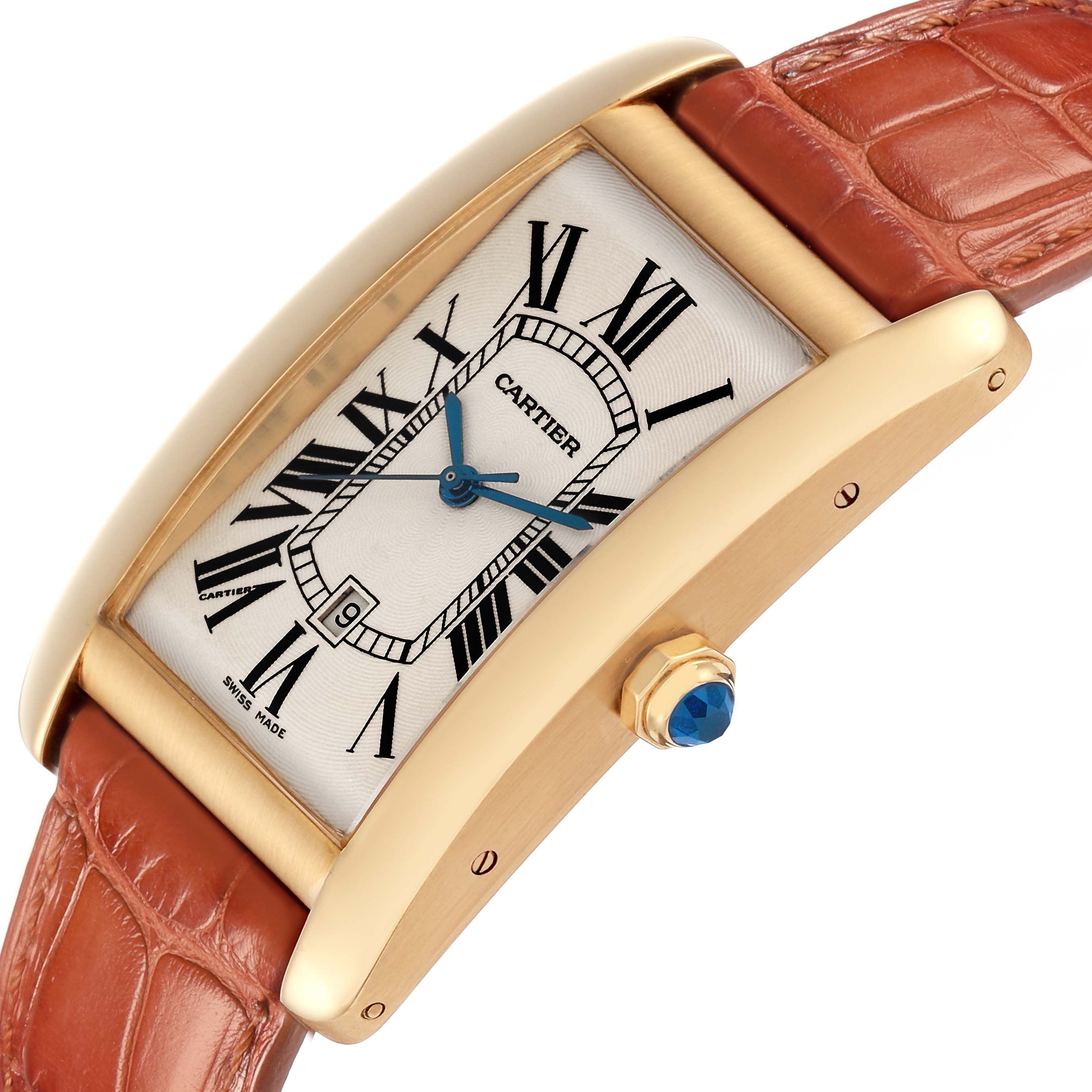 The Cartier Tank Américaine watch is shown at an angled side view, highlighting its rectangular face and crown with a blue gemstone.