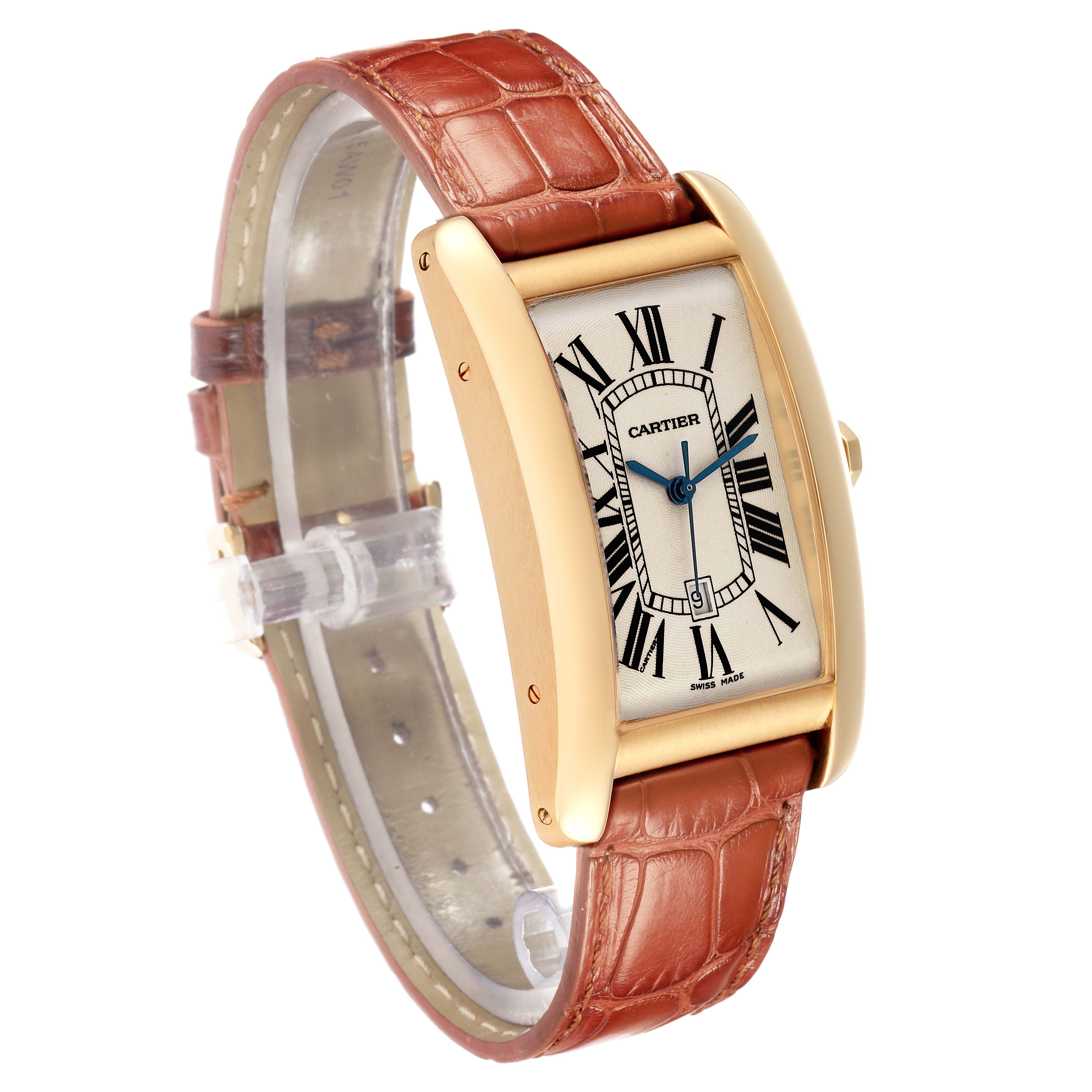 The Cartier Tank Americaine W2603156 Men
s Yellow Gold Silver Dial watch is shown at a three-quarter angle, highlighting its rectangular face, roman numerals, and leather strap.