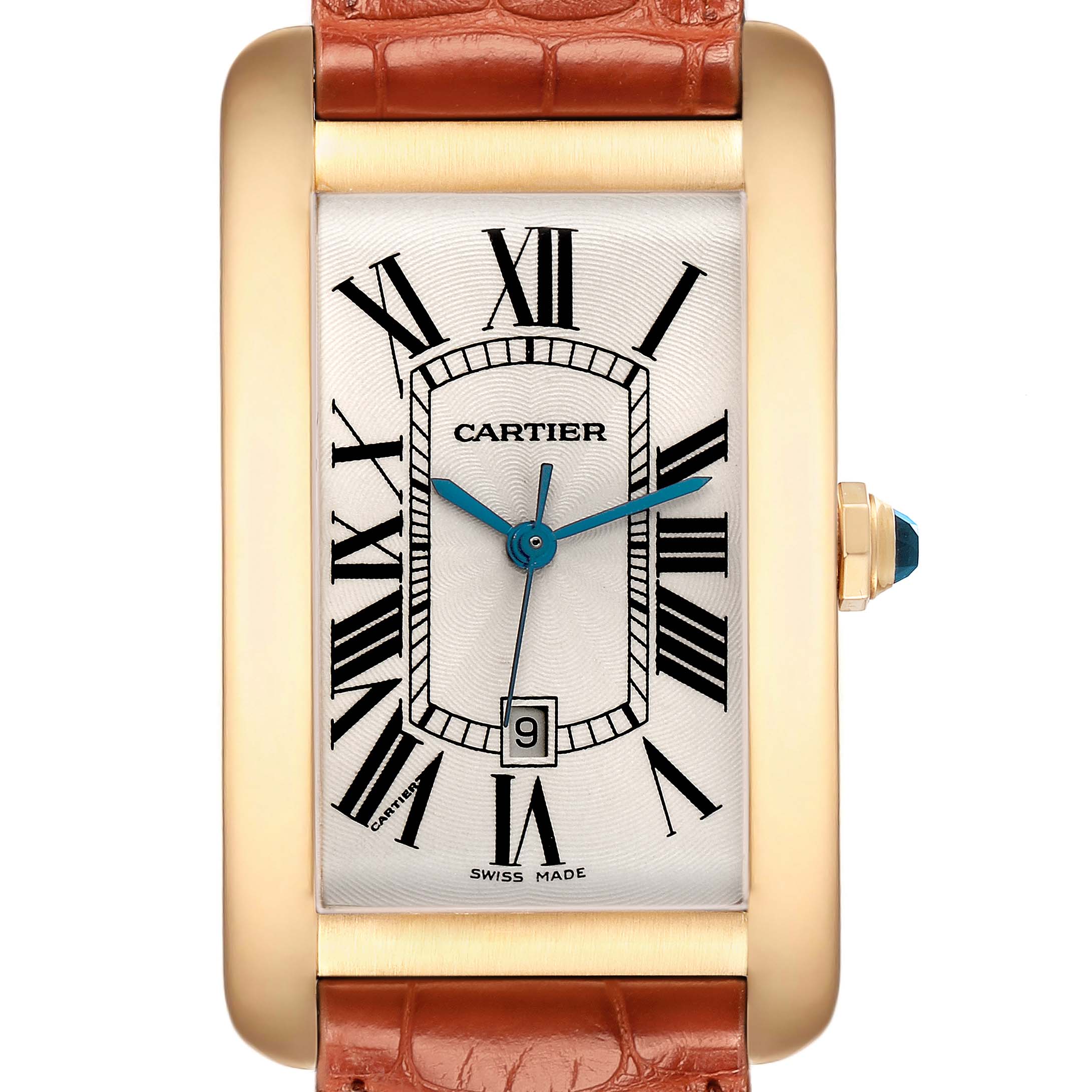 The Cartier Tank Americaine W2603156 Men
s Yellow Gold Silver Dial watch is shown from a front angle, highlighting its rectangular face, Roman numerals, and leather strap.