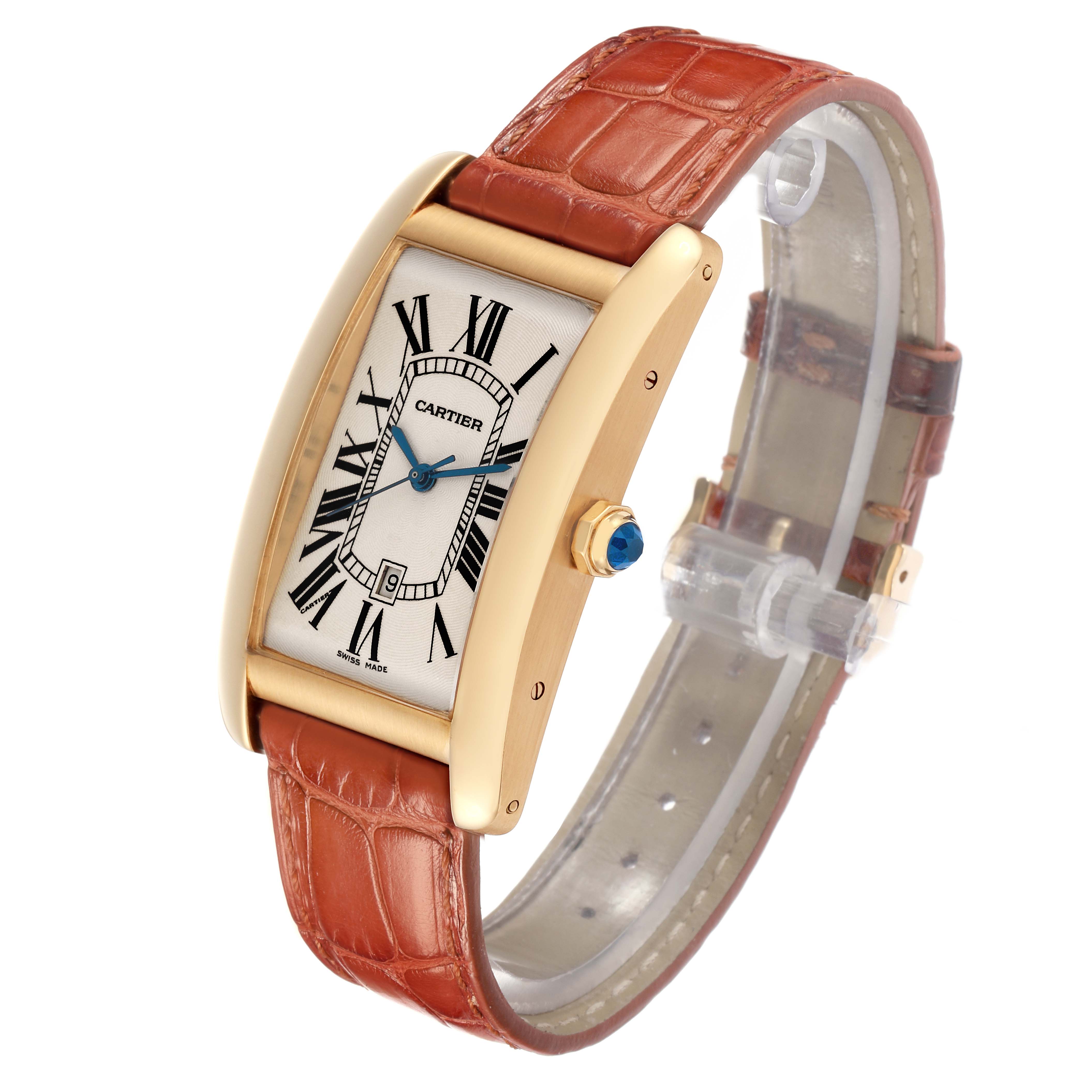 The Cartier Tank Americaine W2603156 Men
s Yellow Gold Silver Dial watch is shown at a three-quarter angle, highlighting the face, crown, and leather strap.